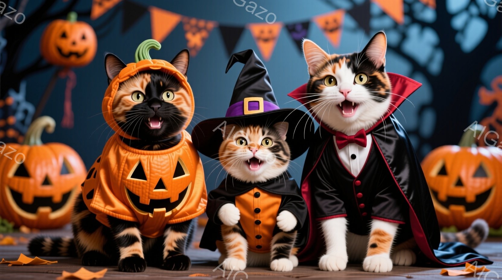 三匹の猫がハロウィーンの衣装を着て並んでいます。一番左の猫はジャック・オー・ランタンの衣装で、中央の猫は魔女の帽子とオレンジ色の衣装、一番右の猫は黒いマントと蝶ネクタイをつけています。背景には、さまざまな大きさのジャック・オー・ランタンとハロウィーンの飾りがあり、お祝いの雰囲気を醸し出しています。