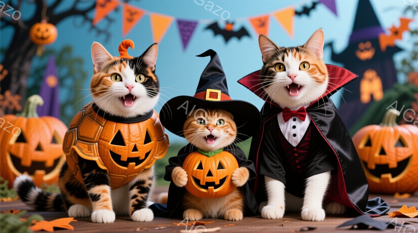 ハロウィーンをテーマにした猫たちが、それぞれカボチャの衣装を着てポーズをとっています。左の猫はオレンジ色のカボチャ型衣装、中央の猫は魔女の帽子と小さなカボチャの衣装、そして右の猫はドラキュラの衣装を着て、皆楽しそうに口を開けています。背景には、ハロウィーンの飾り付けやカボチャ、不気味な建物があり、お祝いムード満点の様子です。