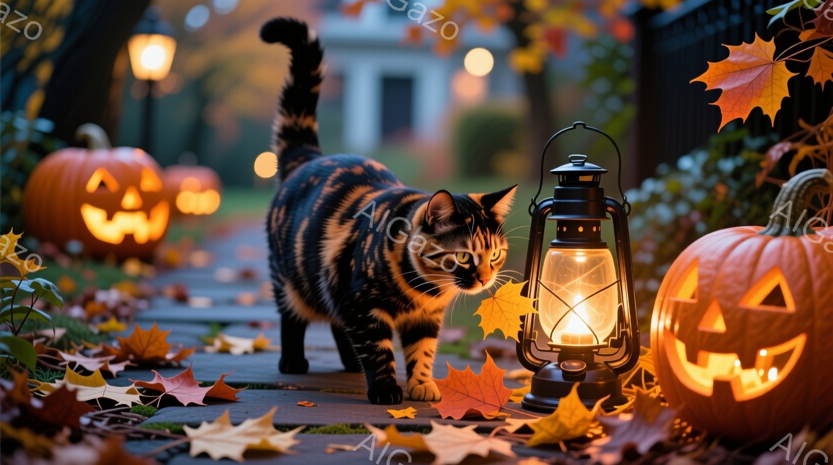 縞模様の猫が、落ち葉が散らばる小道の上を歩いています。背景には、ハロウィーンのランタンとジャック・オ・ランタンが並び、暖かく幻想的な雰囲気を醸し出しています。建物や植物の影がぼんやりと見え、秋の夜の静 - AI生成フリー素材