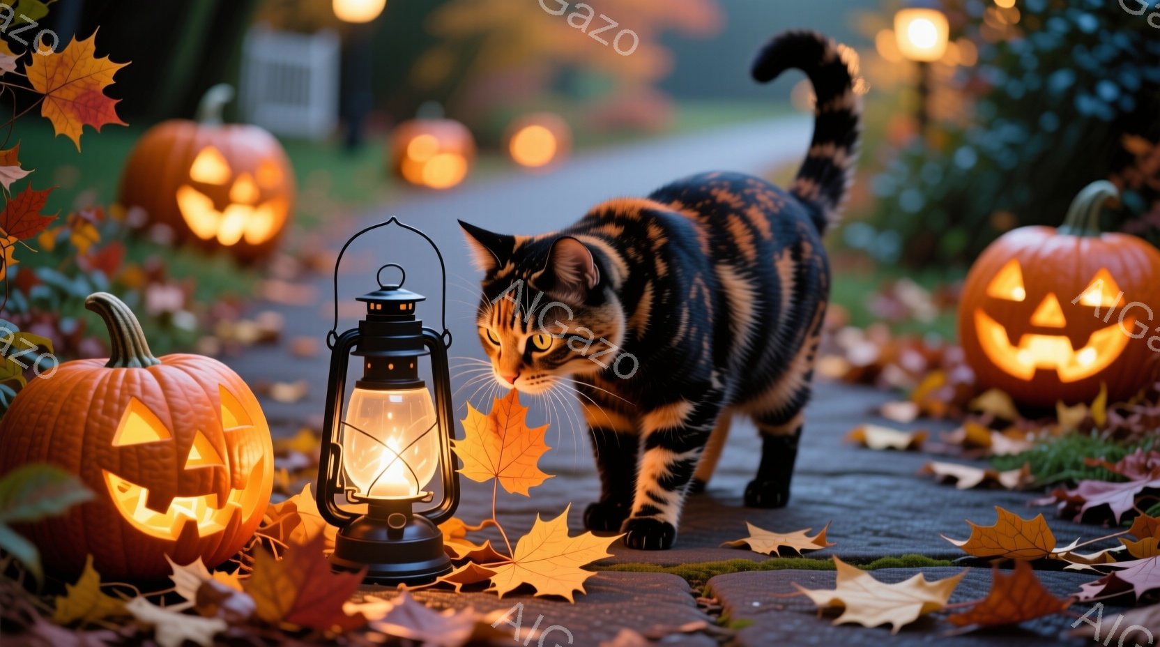 石畳の道に、ハロウィーンの飾りであるジャック・オ・ランタンと落ち葉が散らばっています。オレンジと黒の縞模様の猫が、点灯したランタンの近くを慎重に歩いており、その視線は何かを見つめているようです。背景にはぼんやりと建物が見え、全体的に秋の夜の温かく、少しミステリアスな雰囲気が漂っています。