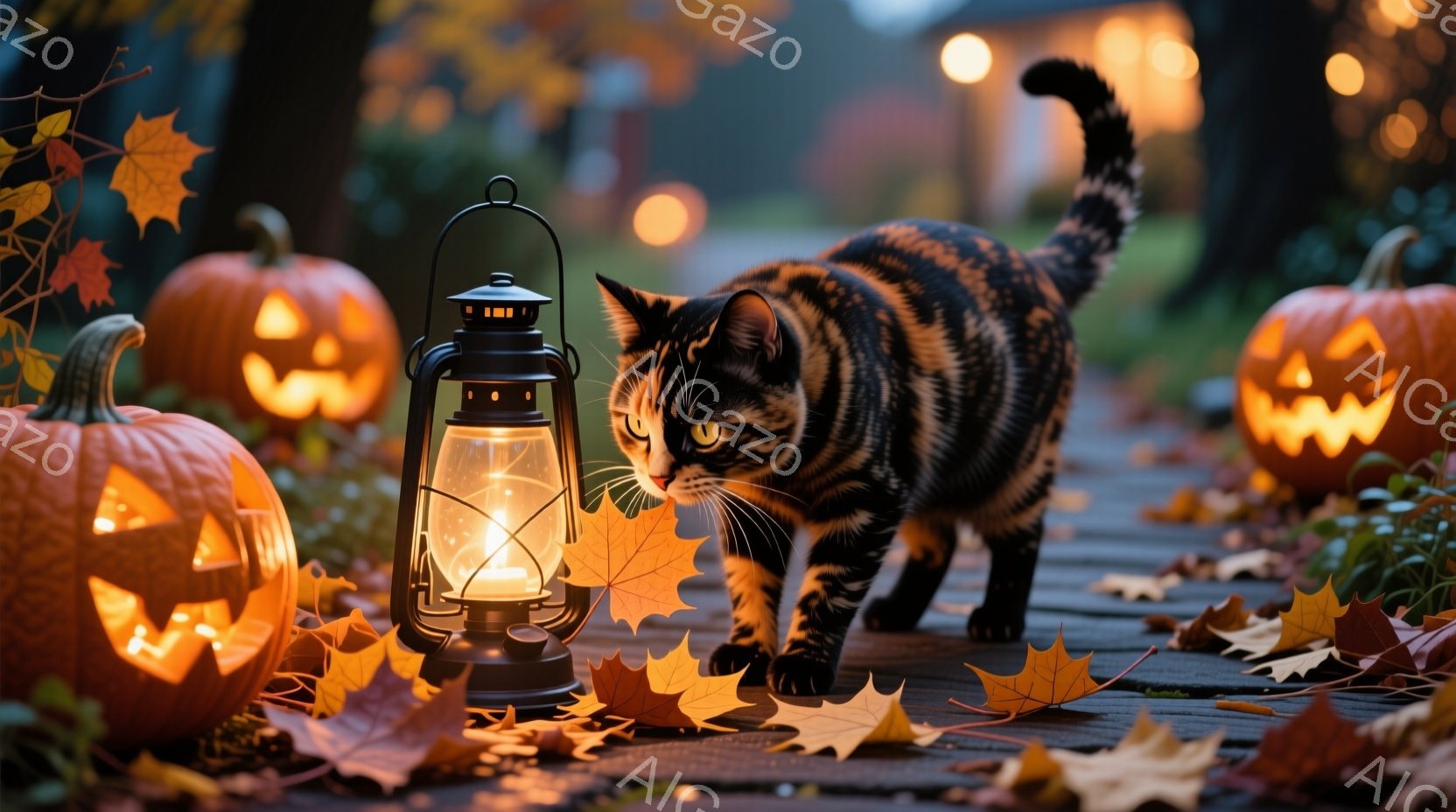 舗装された道の上に、ジャック・オー・ランタンに囲まれた縞模様の猫が歩いています。背景にはぼやけた家と木々が見え、落ち葉が道に散らばっています。暖かく落ち着いた光が猫とカボチャを照らし、ハロウィーンの夜の穏やかな雰囲気を醸し出しています。