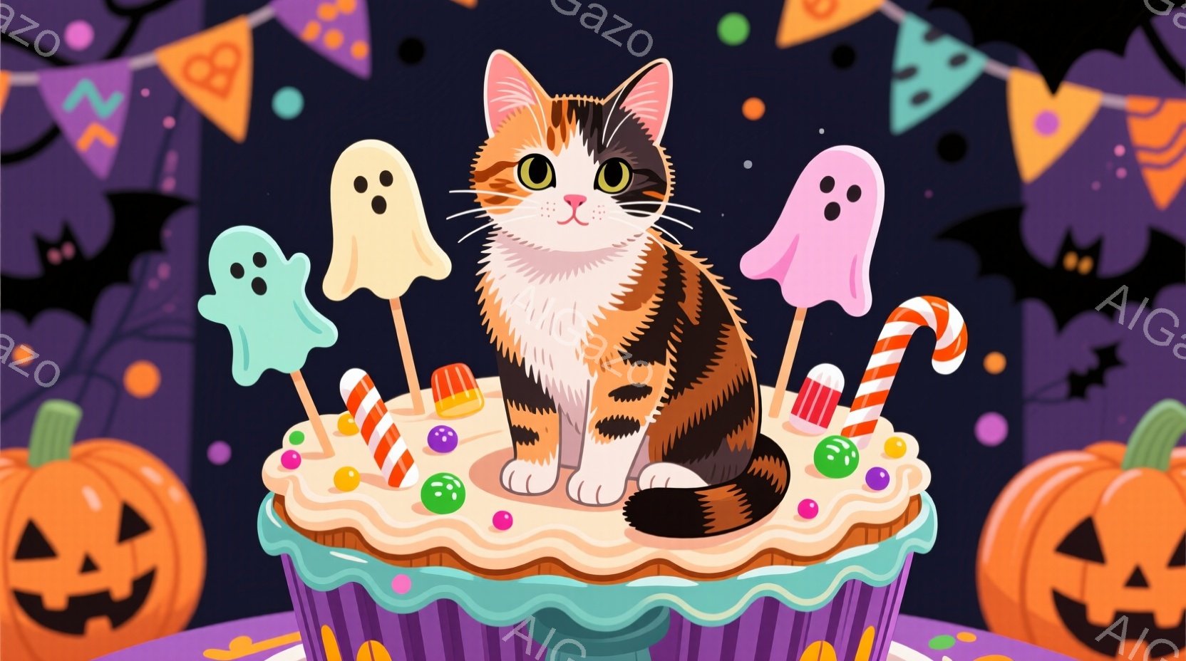 オレンジと白の模様をした猫が、紫色のカップケーキの上に座っています。カップケーキにはカラフルなスプリンクルとキャンディケーン、そして幽霊の飾りがあり、背景にはハロウィーンの飾り付けとジャック・オー・ラ - AI生成フリー素材