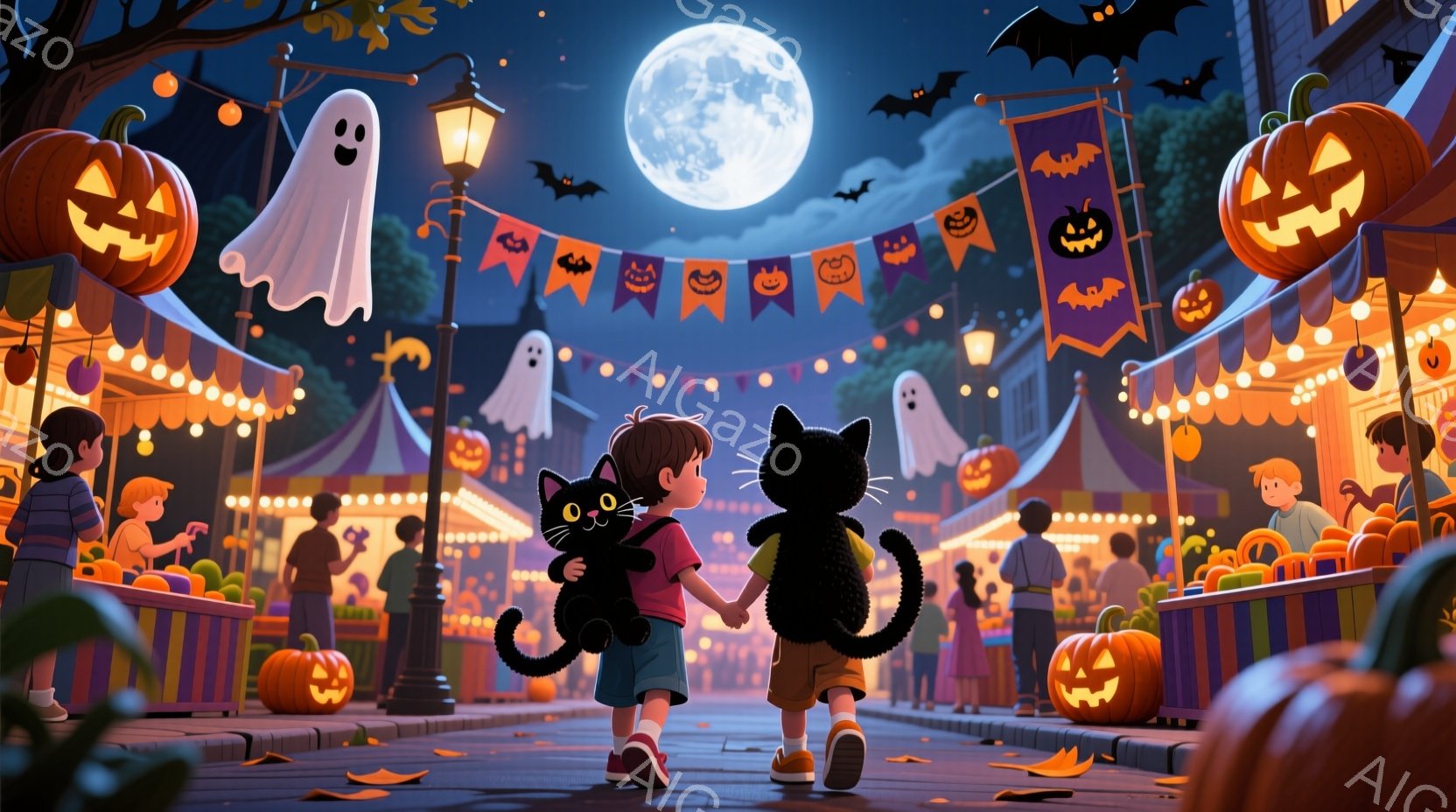 少年が黒猫を抱きかかえ、賑やかなハロウィンのマーケットを歩いています。彼は短い茶色の髪で、紫色のシャツとジーンズを着ており、楽しそうな表情をしています。背景には、カボチャのランタン、お化けの飾り、旗が - AI生成フリー素材
