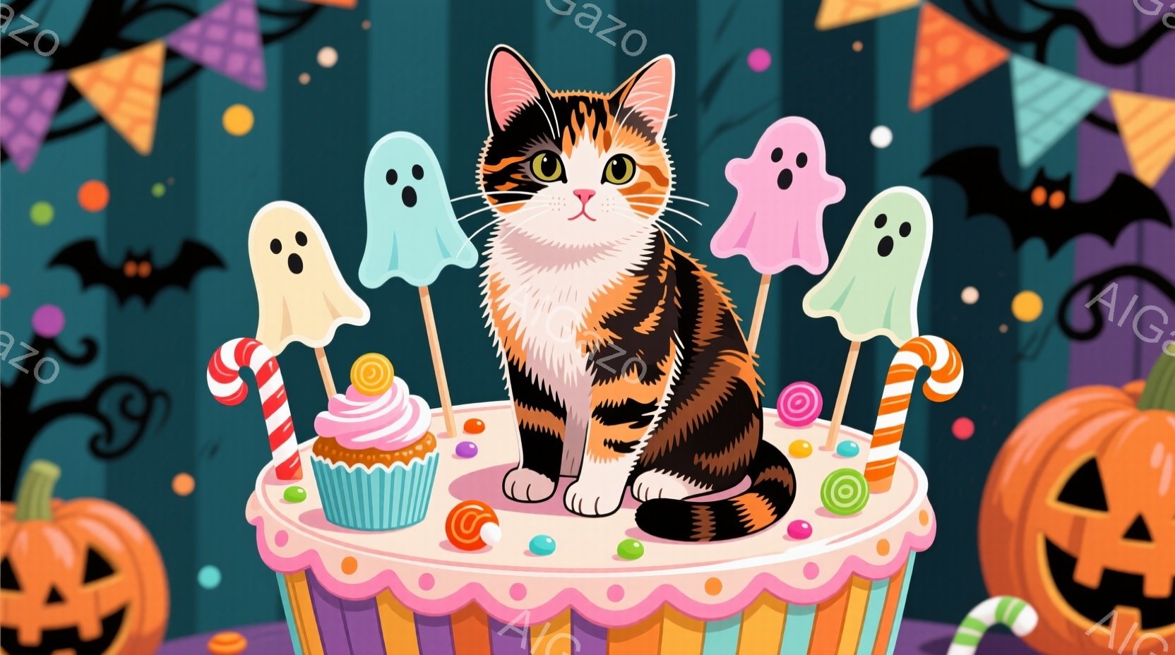 オレンジと黒の模様の猫が、カラフルなキャンディやカップケーキが飾られた大きなケーキの上に座っています。背景には、ハロウィーンの飾り付けであるカボチャやお化け、バットが描かれており、お祭り気分を盛り上げ - AI生成フリー素材