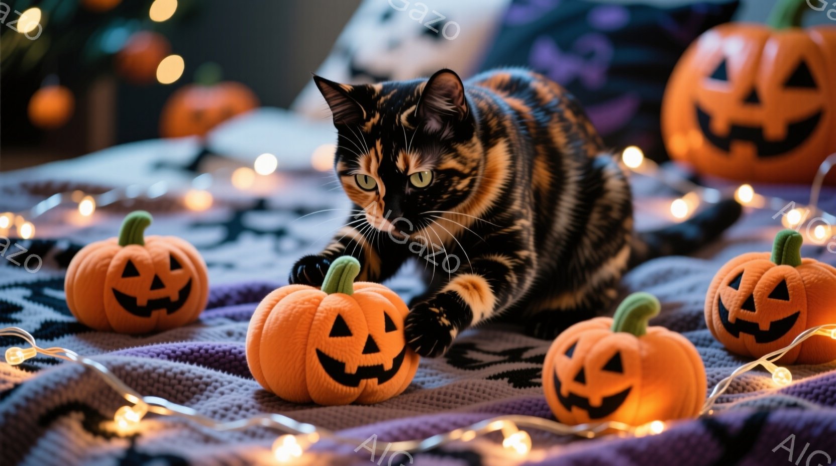 オレンジと黒の縞模様の猫が、ハロウィーンの小さなカボチャの置物の中にいます。猫は前足を伸ばし、カボチャに触れようとしており、その表情は遊び心に満ちています。背景には紫色の毛布と、温かい光を放つオレンジ - AI生成フリー素材