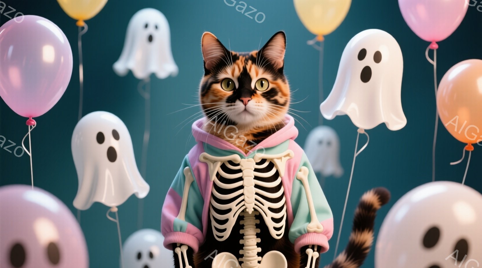 縞模様の猫が、骨格模様の付いた明るい水色のパーカーを着ています。猫は正面を見つめており、表情は少し驚いたようにも見えます。背景には、様々な大きさの白いお化けの形をした風船が浮かび、お祝いムードを醸し出 - AI生成フリー素材