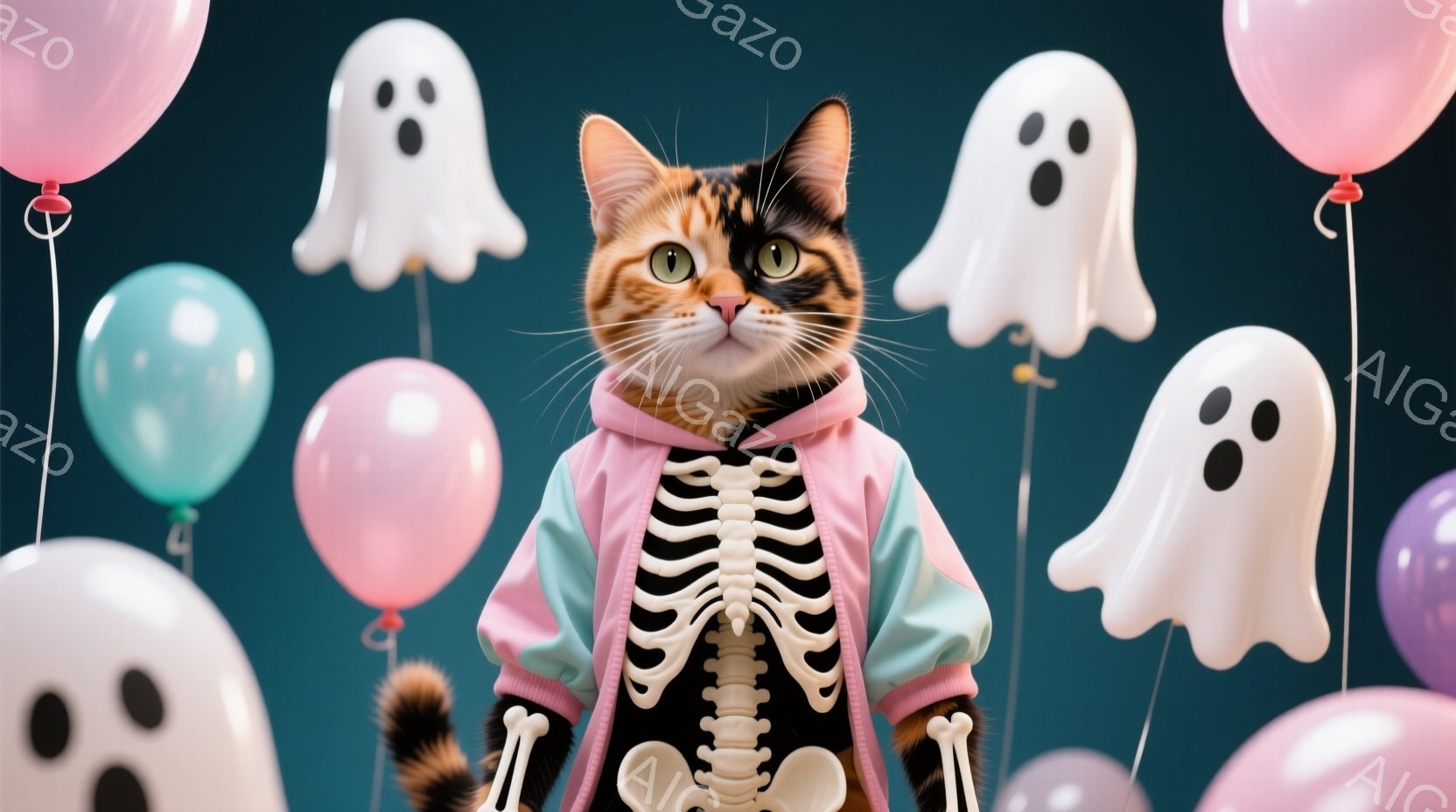 茶色と白のまだら模様の猫が、骨格柄のパーカーを着て正面を見つめている。背景には、ピンクと水色の風船や、可愛らしい幽霊の形をした飾り付けが浮かんでおり、ハロウィーンのようなお祝いの雰囲気を醸し出している - AI生成フリー素材