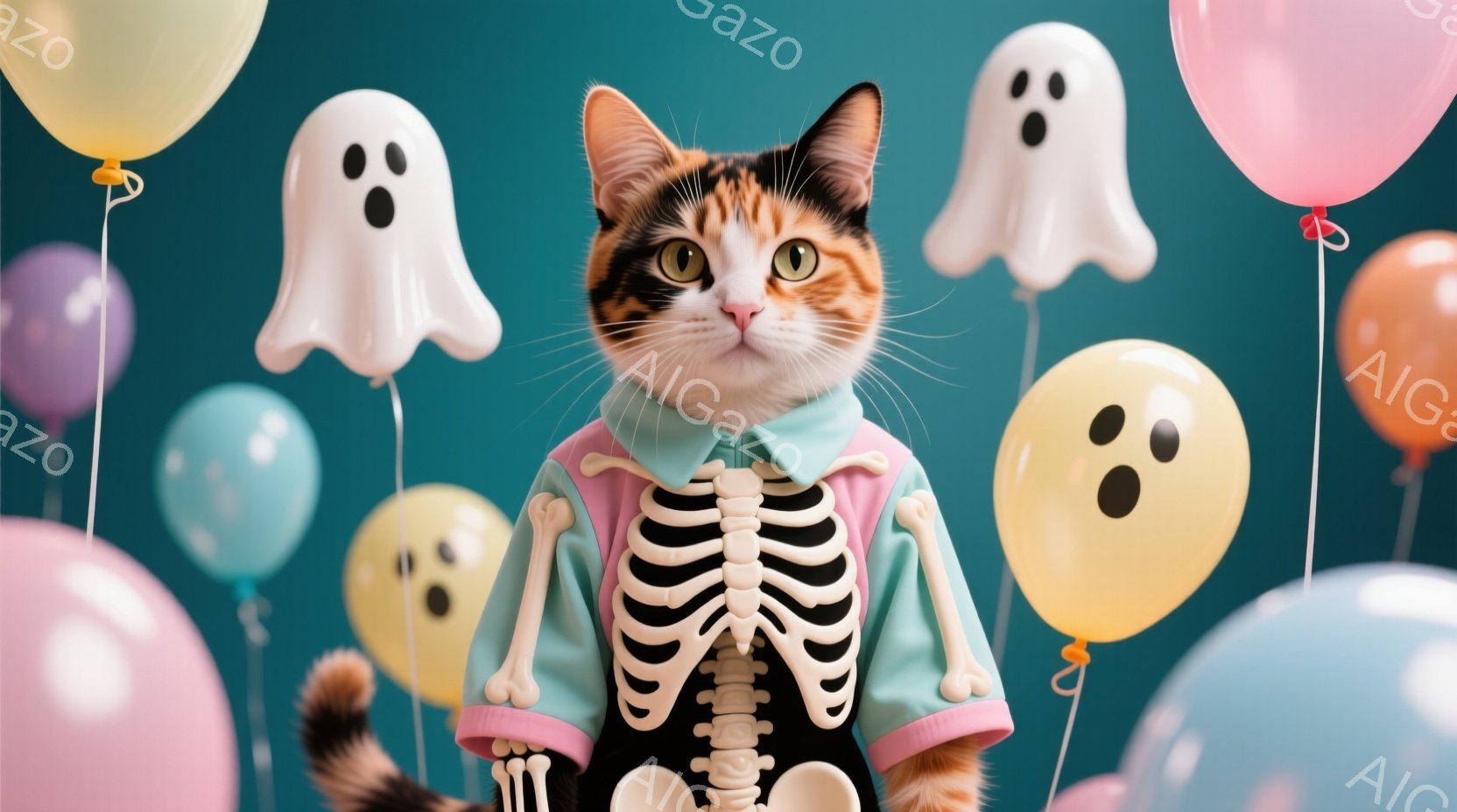 茶色のまだら模様の猫がハロウィーン風の衣装を着ています。淡い水色のシャツに白い骸骨のプリントが施され、まるで肋骨を見せているかのようです。背景には、様々な色の風船と、可愛らしいお化けのバルーンが浮かび、お祭り気分を盛り上げています。