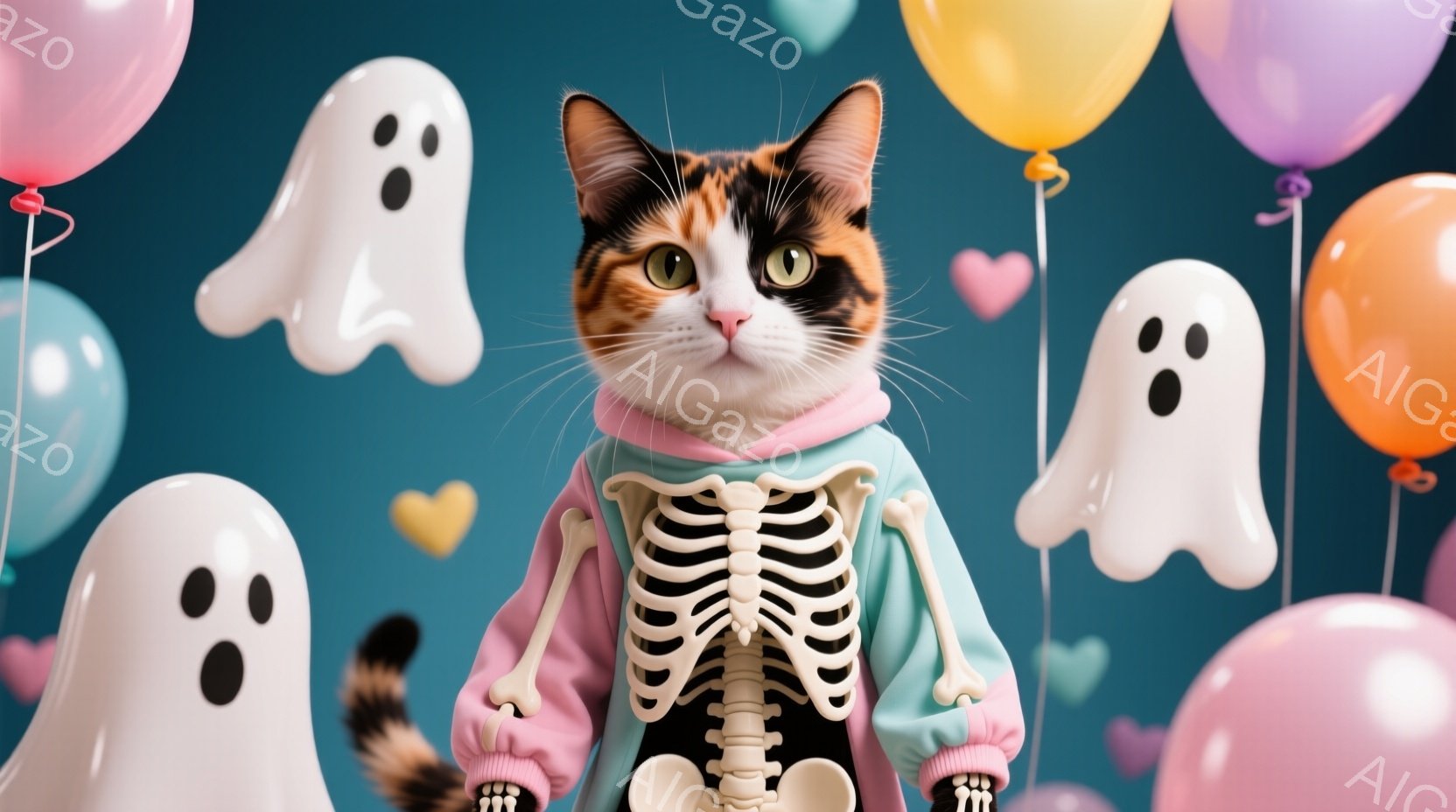 オレンジと白のまだら模様の猫が、ピンクと水色の骸骨柄のパーカーを着ています。猫は正面を見据え、少し驚いたような表情をしています。背景には、水色、ピンク、黄色の風船と、白いお化けのイラストが散りばめられ - AI生成フリー素材