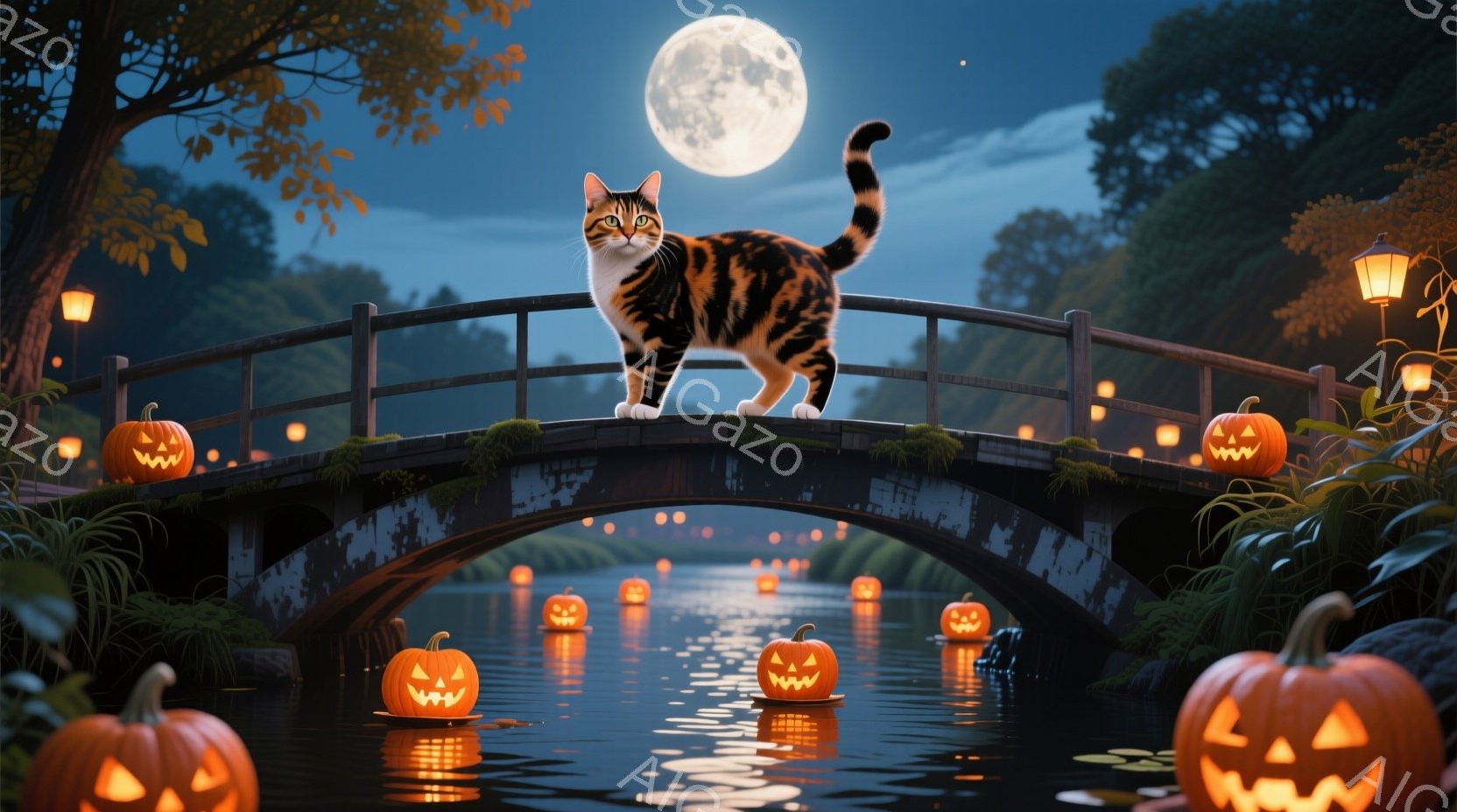 アーチ型の橋の上に、縞模様の猫が後ろ足を伸ばして堂々と立っている。橋の下の池には、ハロウィーンのジャック・オー・ランタンが浮かび、背景には暗い森と満月が幻想的な光を投げかけている。全体的に、ハロウィー - AI生成フリー素材