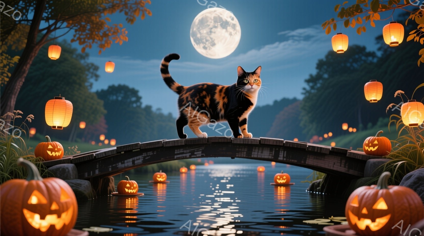満月の夜、茶色の橋の上に三毛猫が凛々と立っている。橋の下の池には、ジャック・オー・ランタンが浮かび、オレンジ色の光を灯し、周囲の木々を照らしている。全体的にハロウィーンの幻想的な雰囲気が漂い、夜空には - AI生成フリー素材
