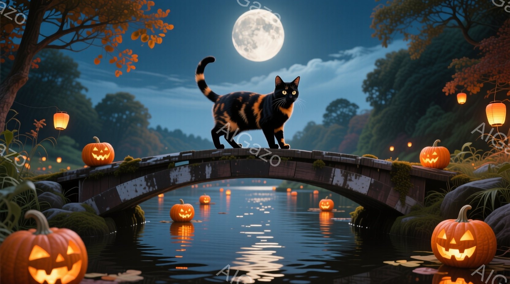 暗い夜の橋の上に、黒とオレンジ色の猫が後ろ足を伸ばして立っている。周囲には、水面に光を反射する数多くのジャック・オ・ランタンが浮かび、背景には木々が生い茂り、満月が明るく照らしている。全体的にハロウィ - AI生成フリー素材