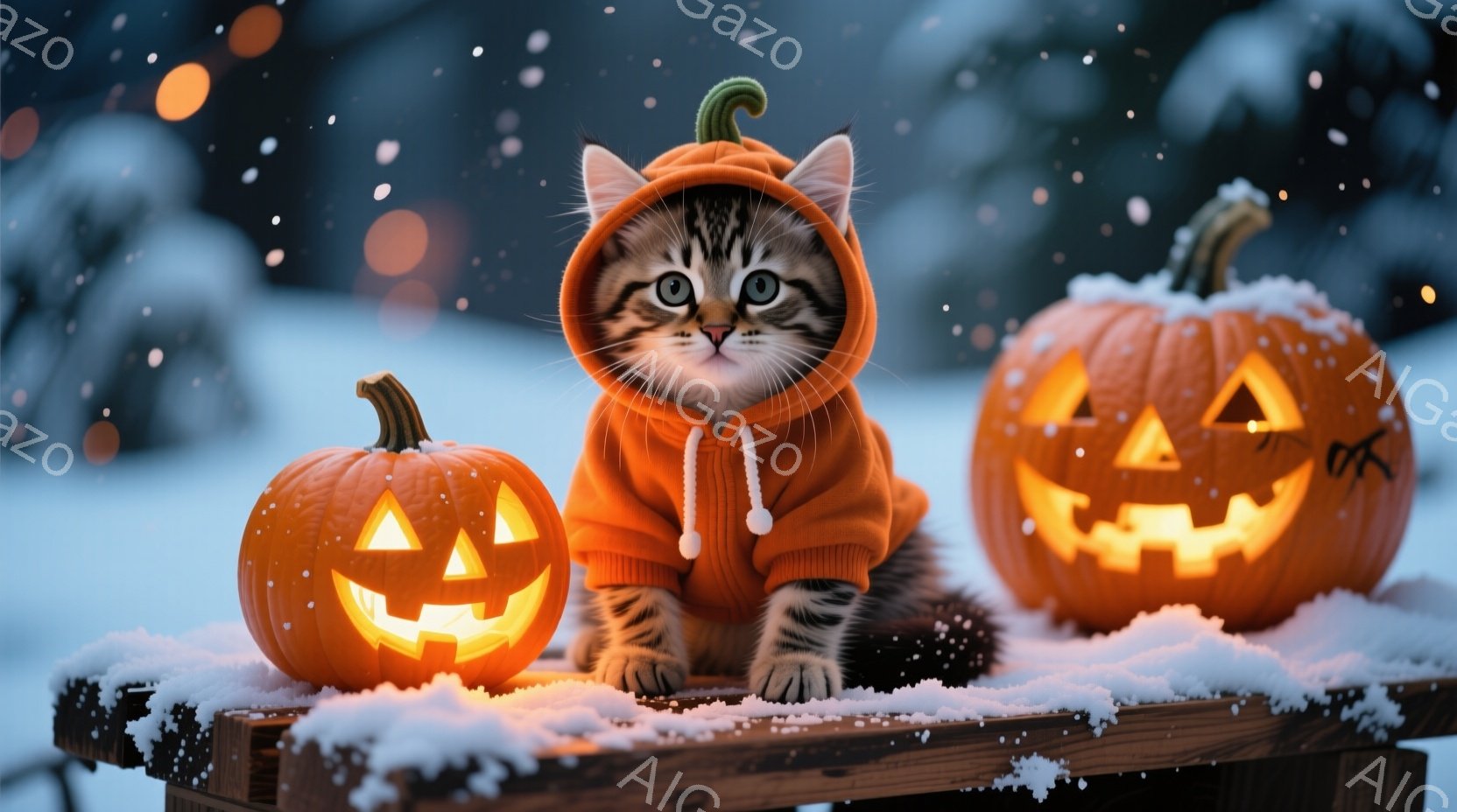 小さな子猫がオレンジ色のパーカーを着て、切り株の上に座っています。周囲には3つのジャック・オ・ランタンが置かれ、それぞれが不気味な笑顔で照らされています。背景は雪景色で、冷たい冬の夜のハロウィーンの雰 - AI生成フリー素材