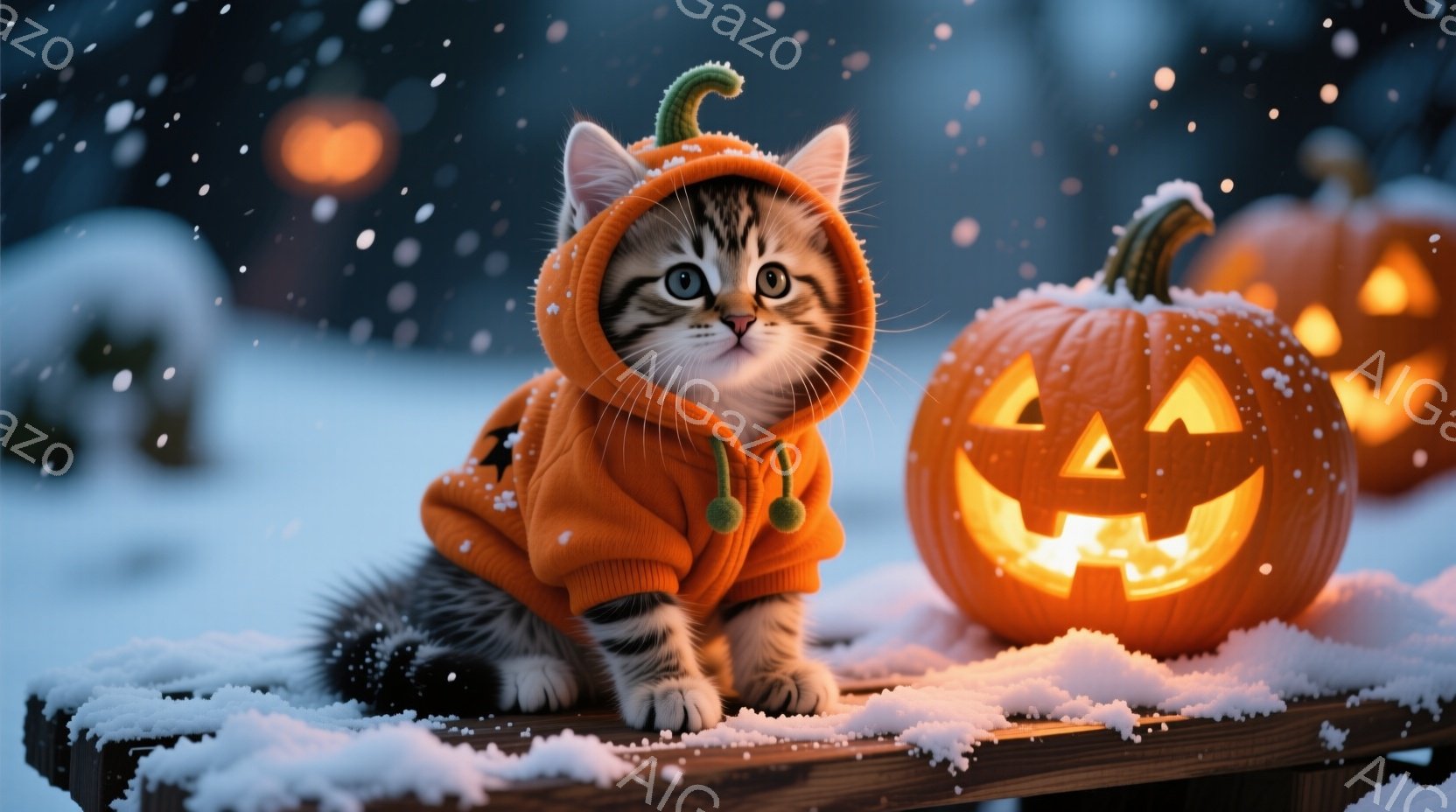 白と茶色の毛並みの小さな子猫が、オレンジ色のハロウィーン風のセーターを着て、木の板の上に座っています。子猫は大きな緑色の目でカメラを見つめ、少し警戒したような表情をしています。背景には、雪が降る夜の薄 - AI生成フリー素材