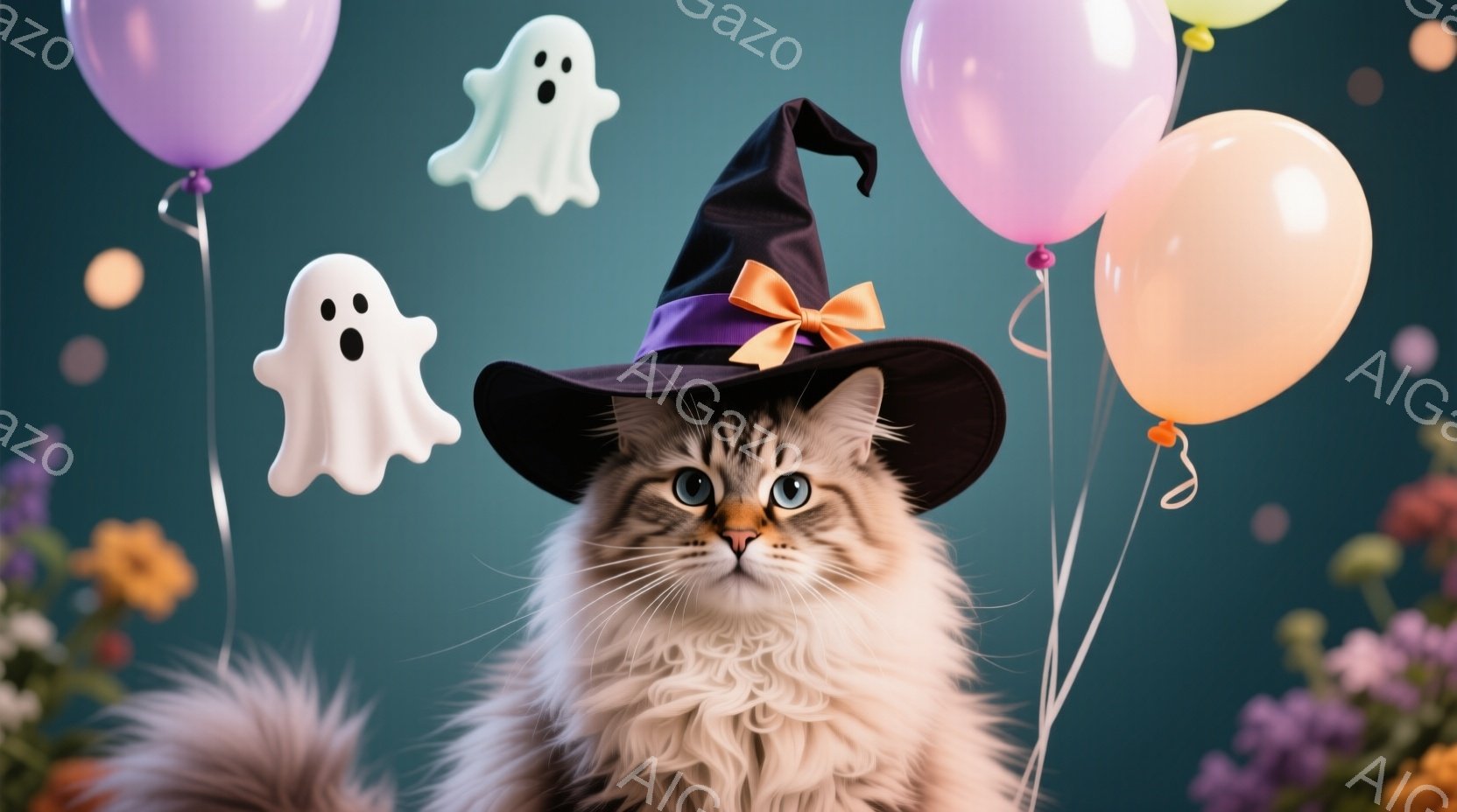 長毛の猫がハロウィーンの魔女帽子をかぶり、正面を見つめている。背景には、水色の風船や可愛らしい幽霊の飾り、そしてオレンジと紫の花がぼんやりと見える。全体的に、ハロウィーンらしい、楽しくて可愛い雰囲気が - AI生成フリー素材
