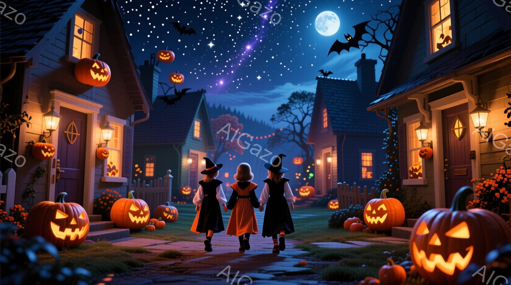 ２人の少女がハロウィーンの夜に、カボチャが飾られた通りを歩いている。少女たちは黒い魔女帽子と黒いケープを着ており、一人はオレンジ色のドレスを着ている。背景には、ハロウィーンの装飾が施された家々、ライト - AI生成フリー素材