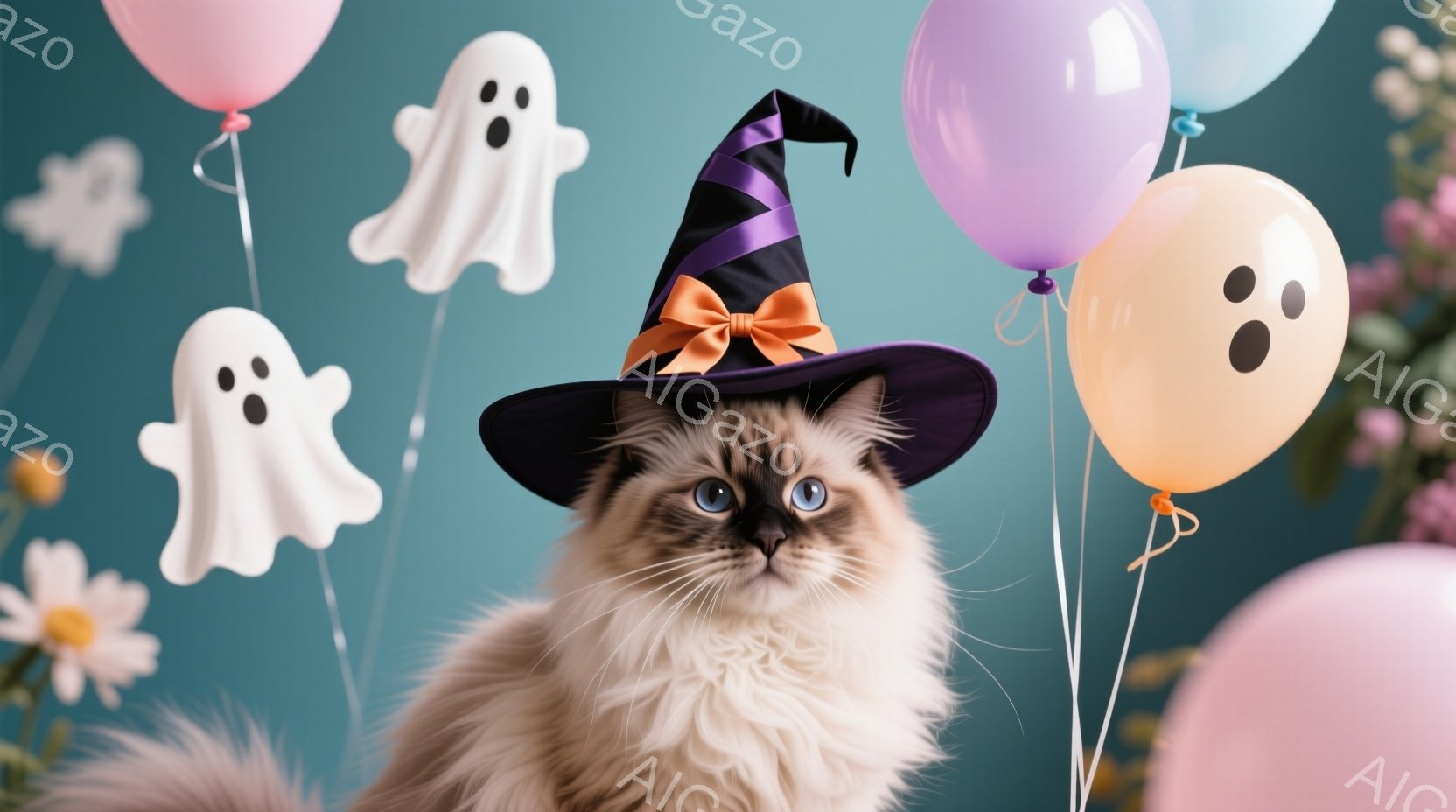 長毛のクリーム色の猫が、オレンジ色のリボンが付いた黒い魔女帽子をかぶって正面を見つめています。背景には、パステルカラーの風船と幽霊の飾りがあり、ハロウィーンの雰囲気を醸し出しています。猫は穏やかな表情 - AI生成フリー素材