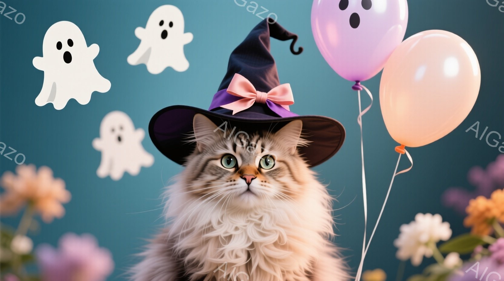 ふわふわの長毛猫が、ハロウィーンをテーマにした装飾の中でこちらを見ている。猫は黒い魔女帽子をかぶり、リボンがついており、緑色の瞳が印象的だ。背景には、幽霊の形をした飾りや、ピンクとオレンジの風船、そし - AI生成フリー素材