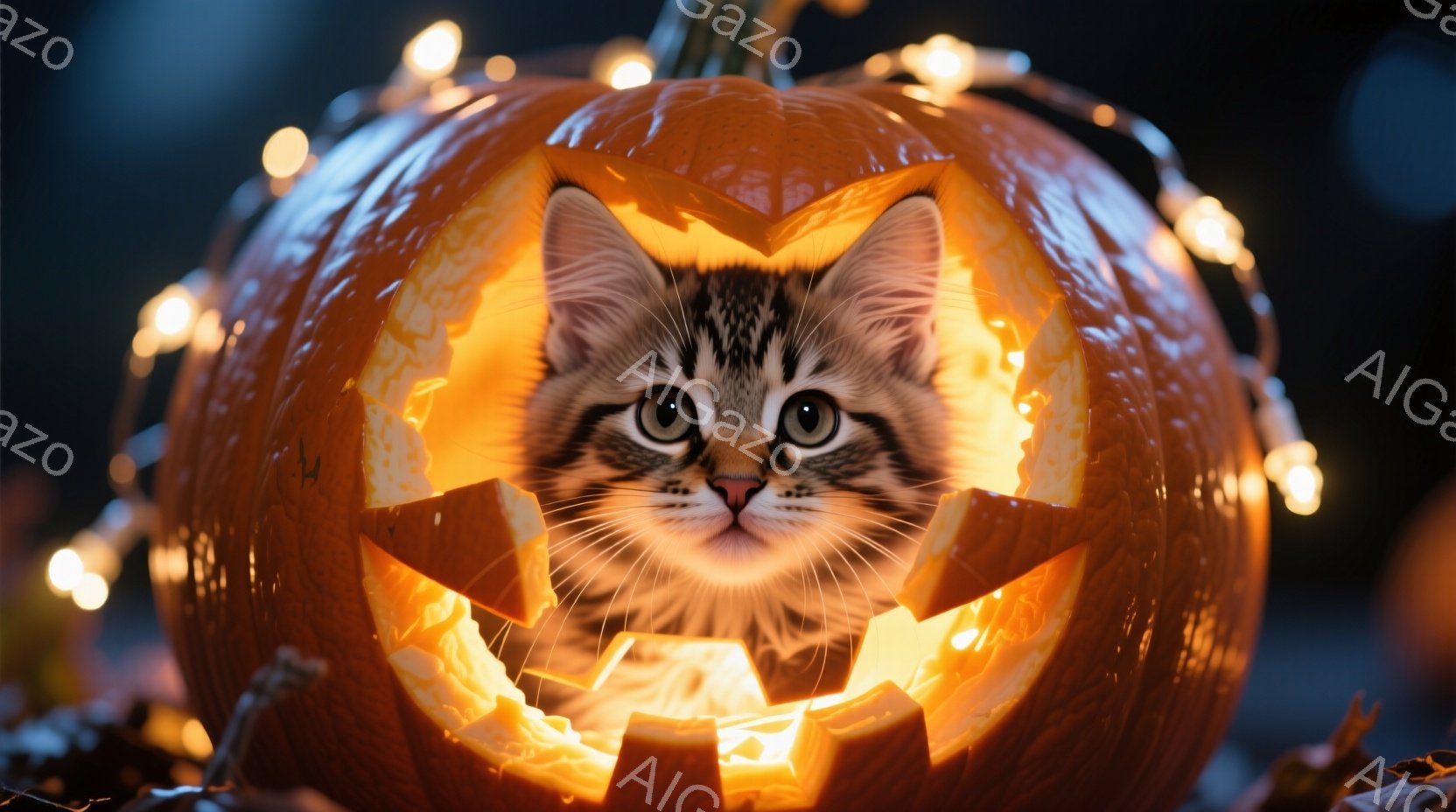 小さな縞模様の猫が、ジャック・オ・ランタンのようにくり抜かれたオレンジ色のカボチャの中に顔を出しています。猫は前を見据え、少し好奇心と遊び心のある表情を浮かべています。背景にはぼんやりとした自然の風景 - AI生成フリー素材