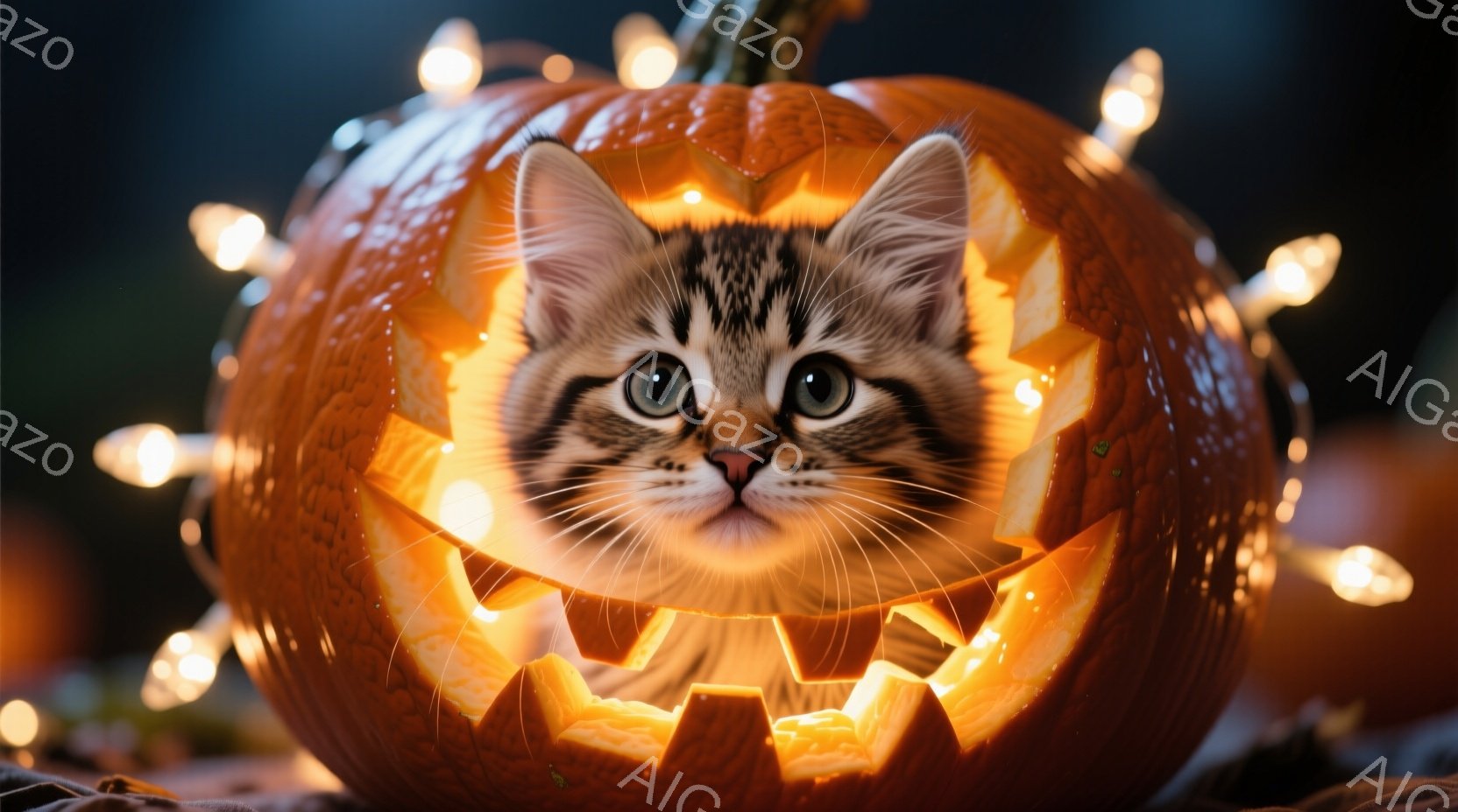 オレンジ色のジャック・オー・ランタンの中に、子猫の顔が覗いています。子猫は縞模様で、大きな瞳と少し困ったような表情をしています。背景にはぼやけた光のイルミネーションがあり、ハロウィーンの温かく楽しい雰囲気を醸し出しています。