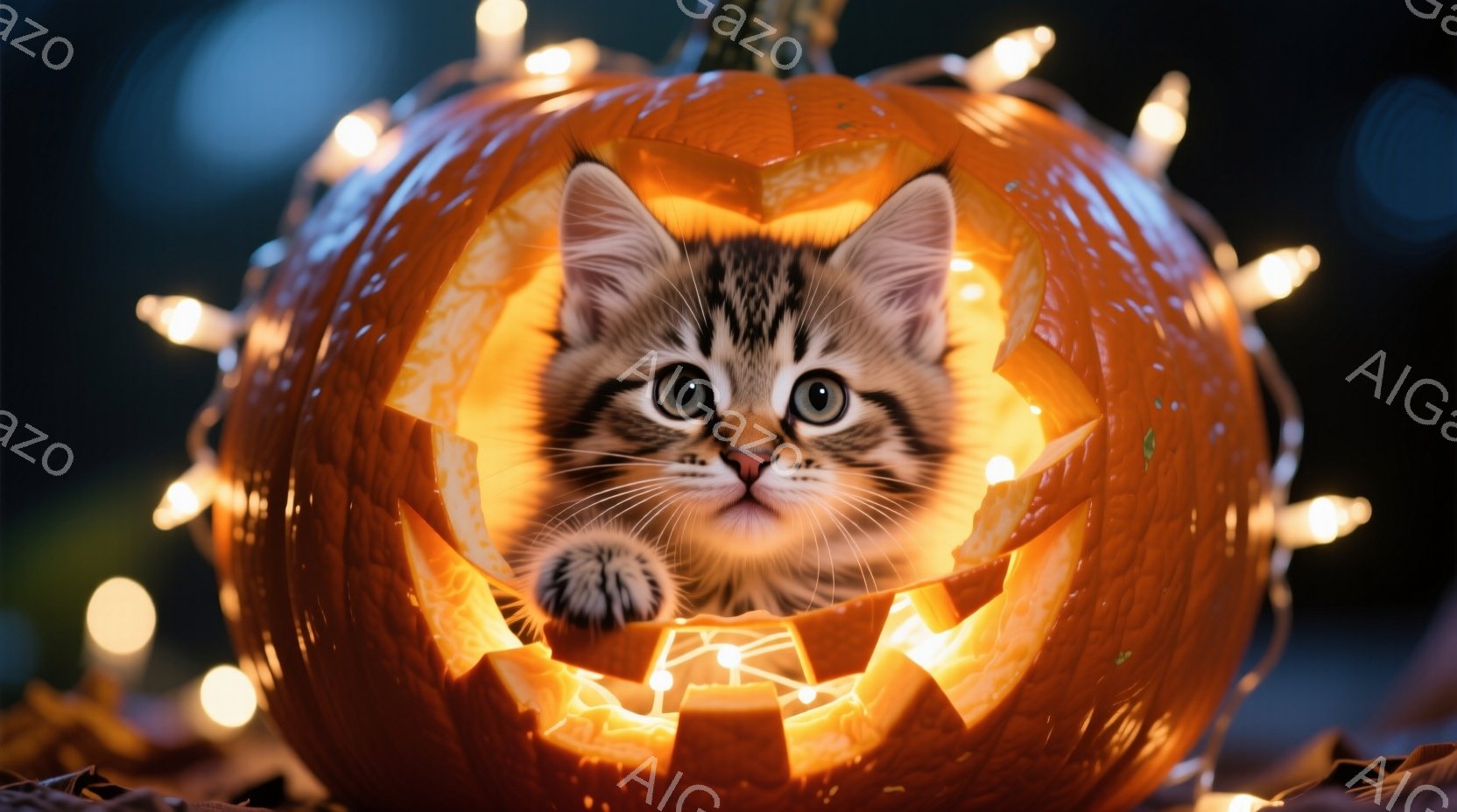 小さな茶色の縞模様の猫が、オレンジ色のジャック・オ・ランタンの中に入って座っており、片足を前に出してこちらを見つめています。背景にはぼやけた光の連なりと落ち葉が見え、ハロウィーンの温かく、遊び心のある雰囲気を醸し出しています。猫の表情は好奇心と無邪気さに満ちています。