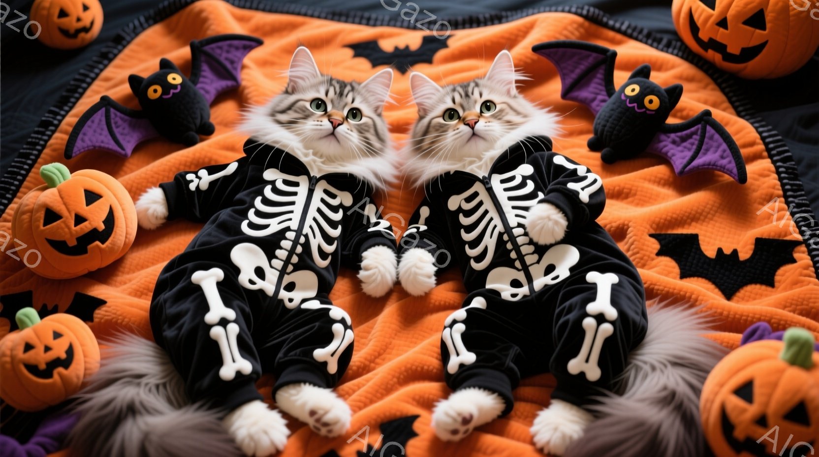 白い毛並みの猫が2匹、黒地に白い骸骨柄の衣装を着て、オレンジ色の背景に並んでいます。猫たちは正面を見据え、少し控えめな表情で、リラックスした姿勢で座っています。背景にはハロウィーンを象徴するカボチャの置物やコウモリの飾りがあり、お祭り気分を演出しています。