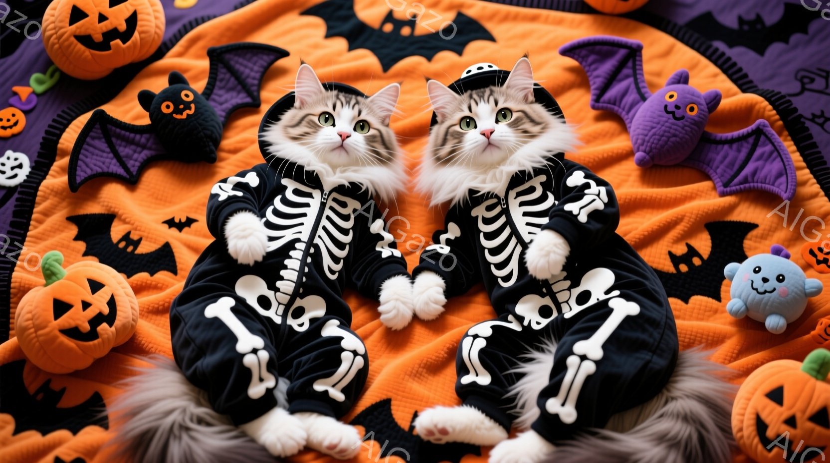 オレンジ色の背景に、骸骨のコスチュームを着た二匹の猫が並んで座っています。猫たちは白いソックスのような足と、黒いコスチュームに白骨の模様が描かれており、可愛らしい表情をしています。背景にはハロウィーンの飾りであるカボチャやコウモリが散りばめられ、お祝いムードが高まっています。