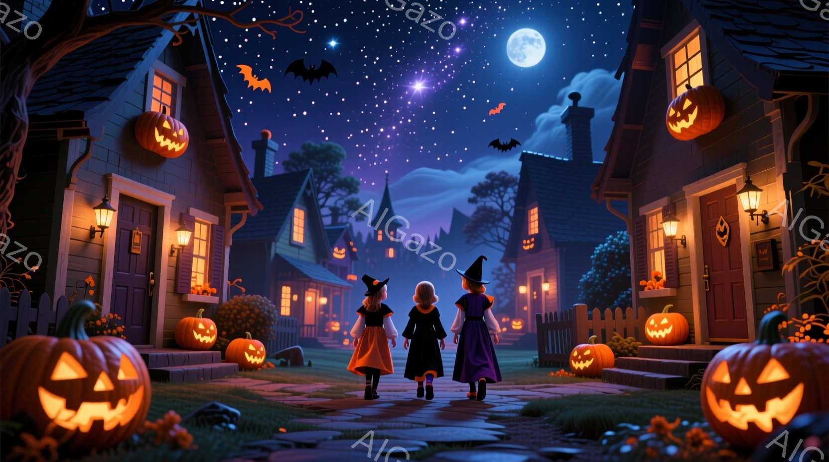 三人の少女が、ハロウィンの装いをして夜の通りを歩いている。それぞれオレンジ色と紫色のドレスに、先のとがった帽子をかぶり、背中を向けているため表情ははっきりしないが、楽しそうな雰囲気が伝わる。背景には、 - AI生成フリー素材