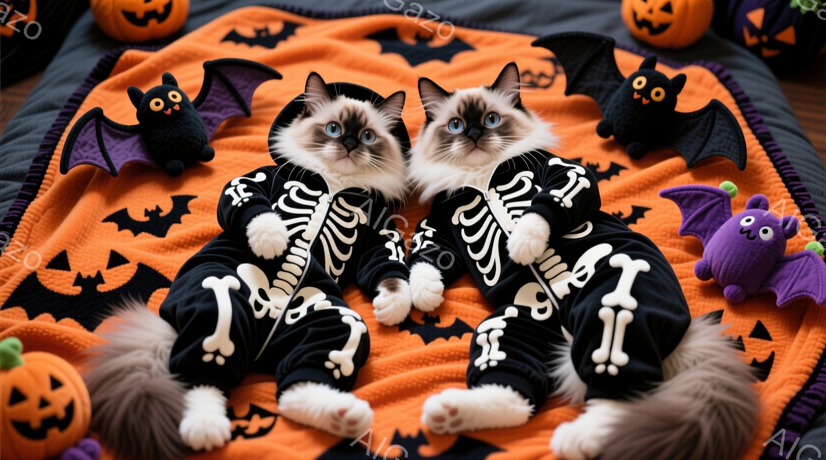 ふわふわの白と灰色の毛並みを持つ2匹の猫が、ハロウィーンをテーマにした衣装を着ています。黒い背景に白骨が描かれた、可愛らしいスケルトン柄のジャンプスーツを着て、寄り添って座っています。背景にはオレンジ色のカボチャやお化けのぬいぐるみが散りばめられ、ハロウィーンらしい楽しい雰囲気が漂っています。