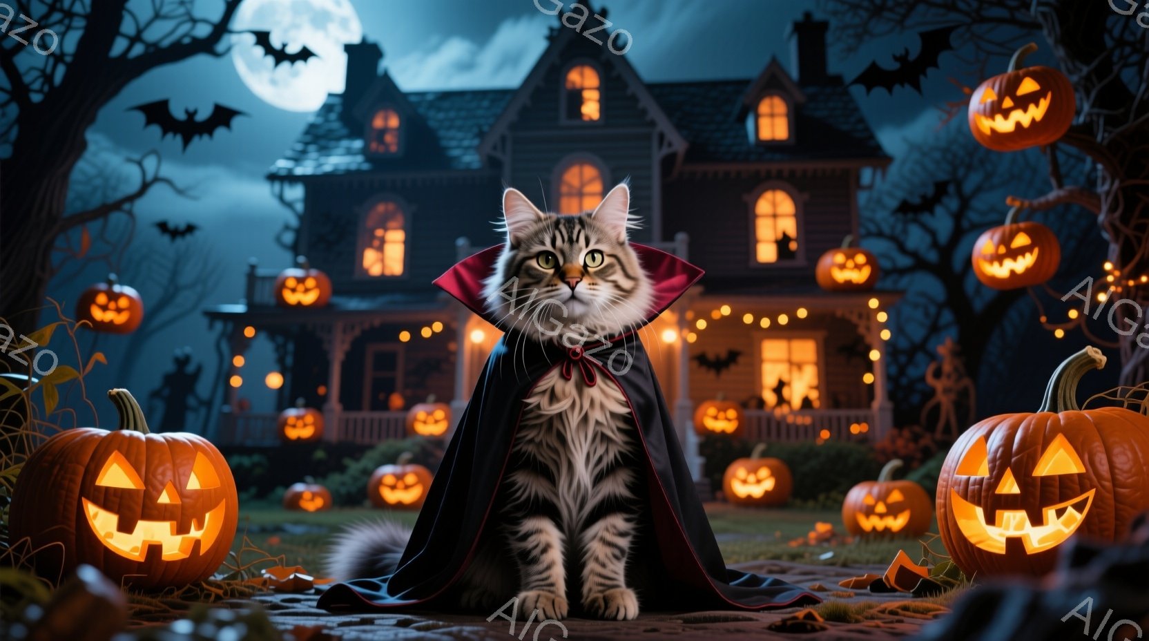 縞模様の猫が、黒いマントと赤い襟を付けて座っています。背景には、ハロウィーンの飾り付けがされた暗い屋敷があり、庭には様々な大きさのジャック・オー・ランタンが並んでいます。満月と黒いシルエットのコウモリ - AI生成フリー素材