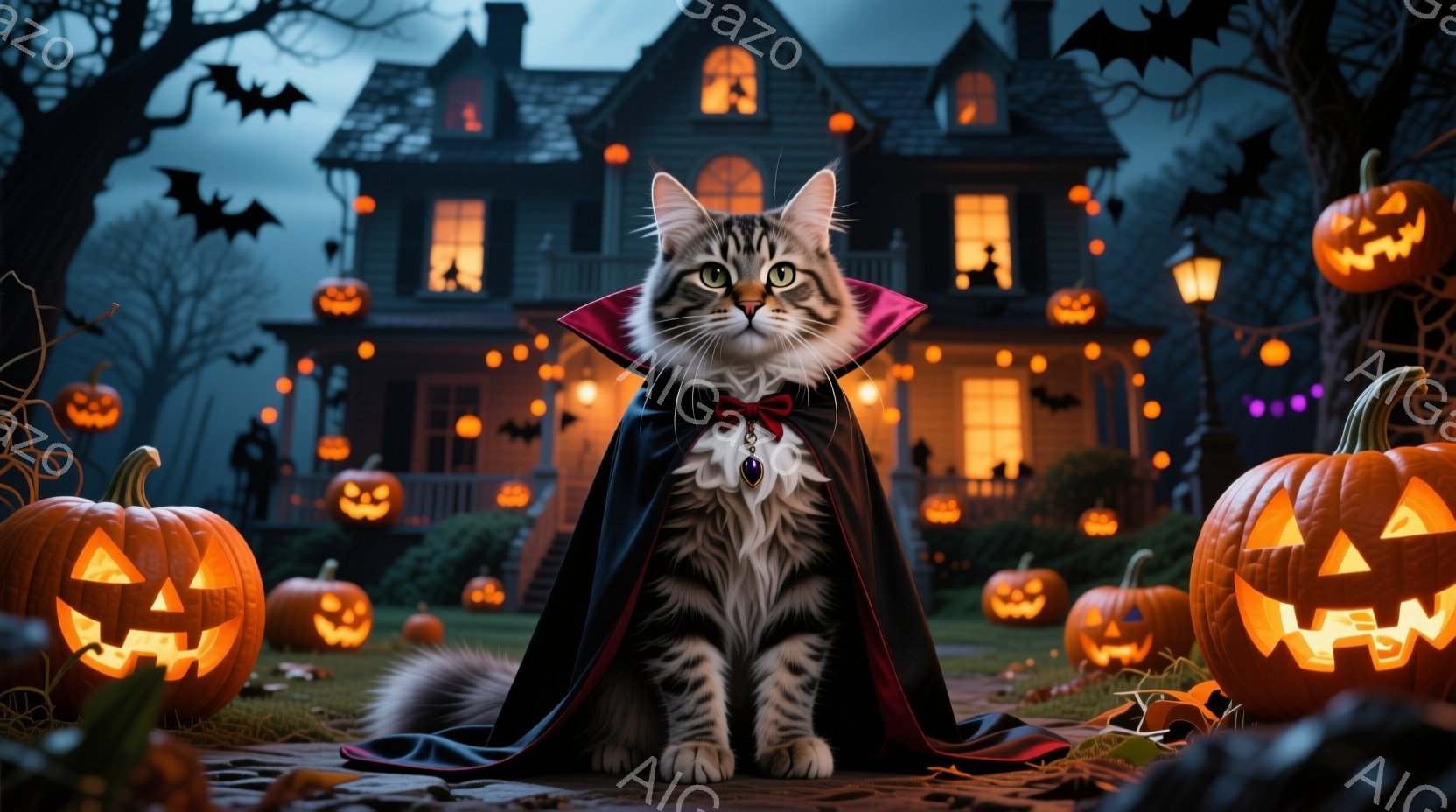 白とグレーの縞模様の猫が、赤い襟とネクタイの付いた黒いケープを身に着けて座っています。背景には、オレンジ色のジャック・オー・ランタンで飾られた、暗いシルエットの大きな家があり、夜空にはコウモリが飛び交 - AI生成フリー素材