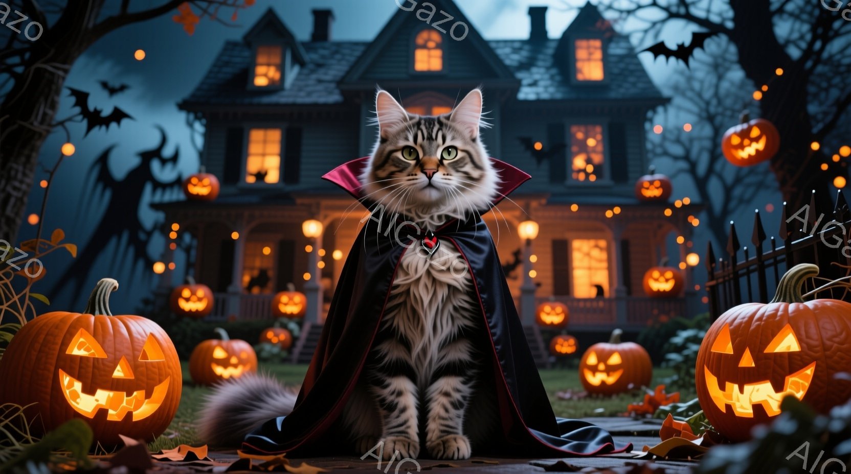 縞模様の猫が、襟付きの黒いケープを身につけて正面を向いて座っています。背景には、ハロウィーンのランタンで飾られた、不気味な雰囲気の大きな屋敷があり、黒いシルエットのコウモリが舞い、地面には落ち葉が散らばっています。全体的に、ハロウィーンの夜の神秘的で少し怖い雰囲気を醸し出しています。
