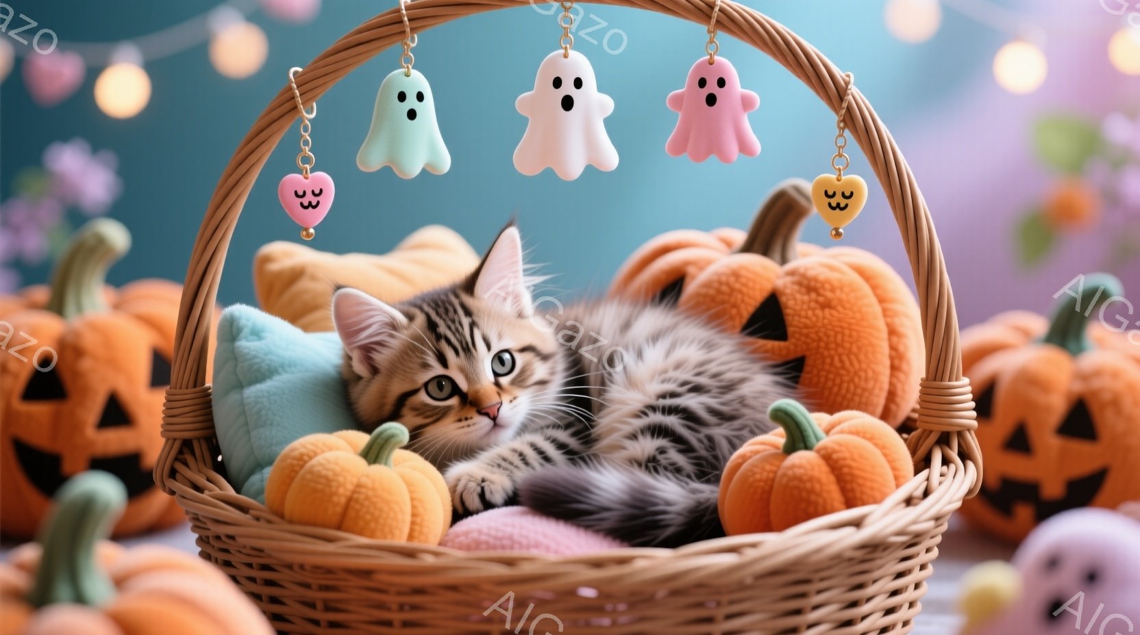 小さな縞模様の猫が、オレンジ色のカボチャとパステルカラーのゴーストの飾りで飾られた籐のバスケットの中に横たわっています。猫はリラックスした表情で、明るいオレンジ色のカボチャに囲まれて、優しいピンク色の生地の上にいます。背景にはさらに多くのカボチャがぼやけて見え、全体的にハロウィーンの暖かく可愛らしい雰囲気を醸し出しています。