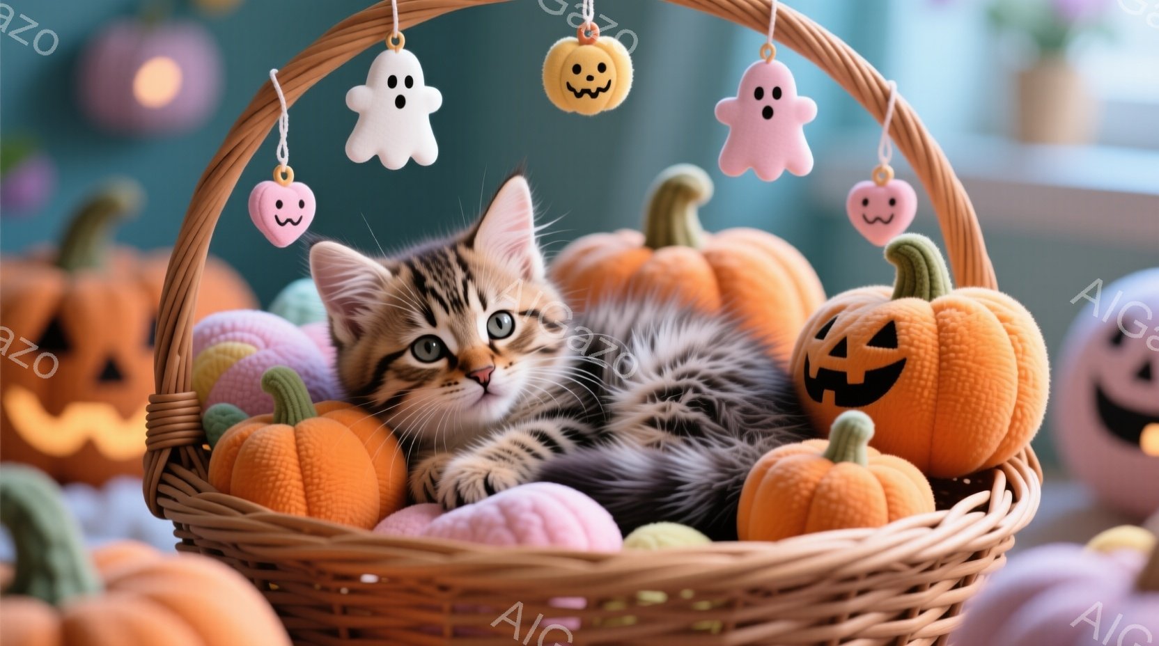 籠の中に、縞模様の小さな子猫が丸まって眠っています。籠の中には、様々な大きさのオレンジ色とピンク色のカボチャのぬいぐるみがたくさん入っており、上から可愛いお化けの飾りもぶら下がっています。背景はぼかさ - AI生成フリー素材