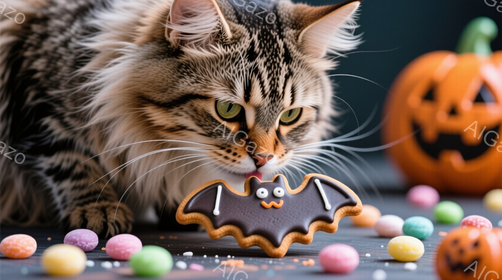 長毛の茶トラ猫が、ハロウィーンをイメージしたコウモリの形をしたクッキーに鼻を近づけています。背景には、ジャック・オー・ランタンとカラフルなキャンディーが散りばめられ、ハロウィーンの雰囲気を盛り上げてい - AI生成フリー素材