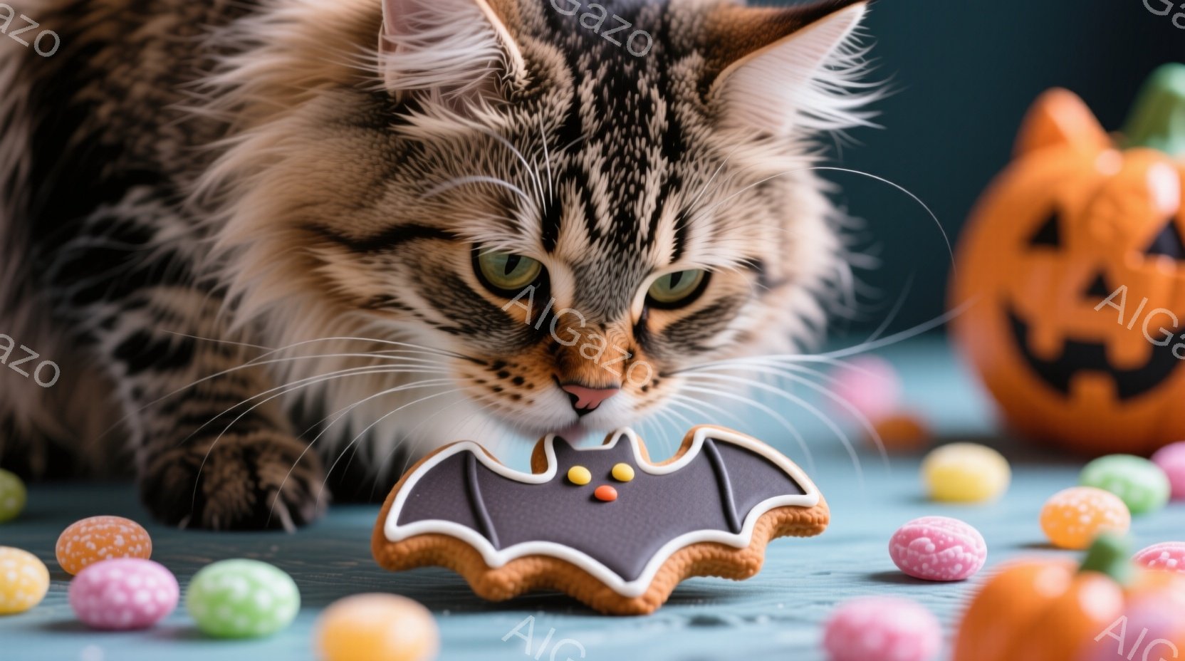 長毛の猫が、ハロウィーンをテーマにしたクッキー（コウモリの形）を口元に近づけています。背景には、カラフルなキャンディと、ジャック・オー・ランタンがぼんやりと見え、ハロウィーンの雰囲気が漂っています。猫 - AI生成フリー素材