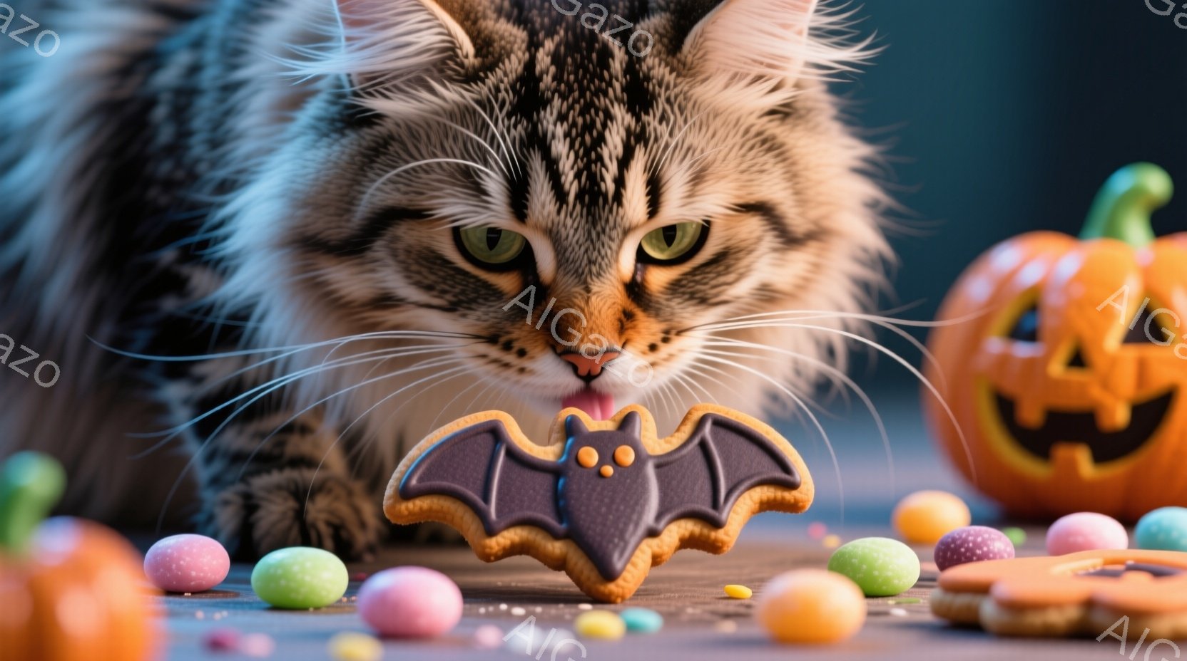長毛のオレンジ色の猫が、コウモリの形をしたクッキーに鼻を近づけています。背景にはハロウィーンカボチャと色とりどりのキャンディーが散りばめられ、秋の季節感と祝祭の雰囲気を醸し出しています。猫の表情は好奇 - AI生成フリー素材