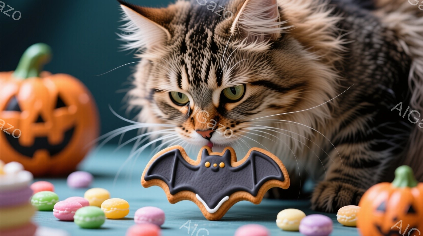 長い毛並みの茶トラ猫が、ハロウィーンを象徴するコウモリの形をしたクッキーを舐めようとしています。背景には、ハロウィーンカボチャとカラフルなマカロンが散りばめられており、お祝いムードを醸し出しています。猫の集中した表情と、鮮やかな背景色が、可愛らしく楽しい雰囲気を演出しています。