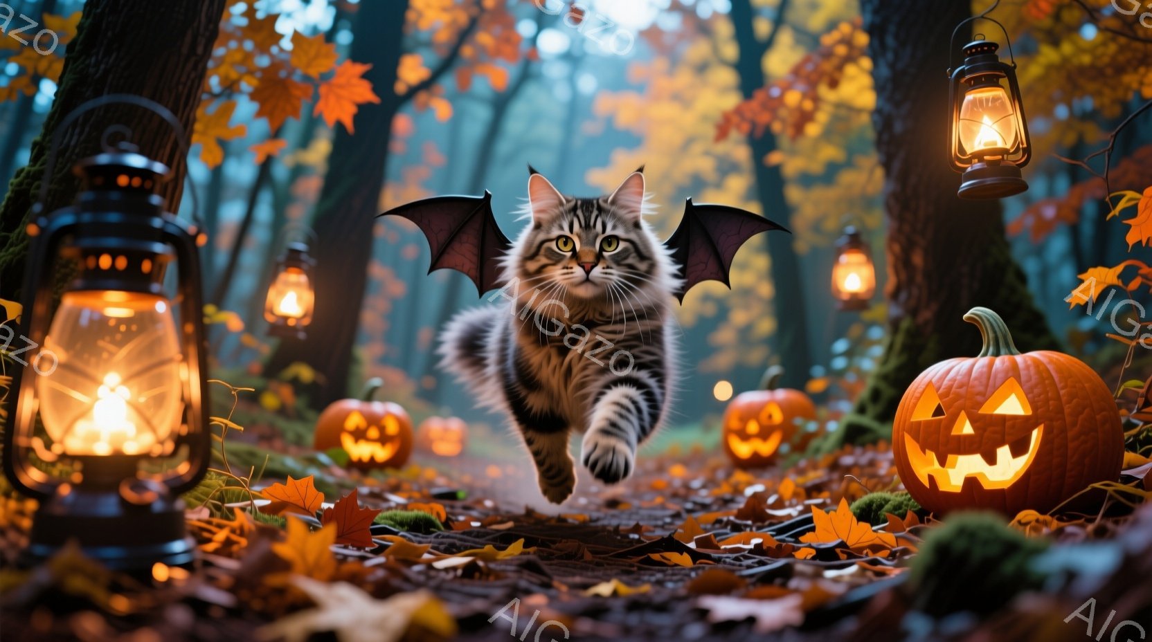 縞模様の猫が翼を広げ、落ち葉が散らばる森の中を駆けている。周囲には、不気味に光る彫刻が施されたカボチャのランタンが並び、オレンジ色の光が周囲を照らしている。背景は深い森で、木々の間から光が差し込み、ハ - AI生成フリー素材