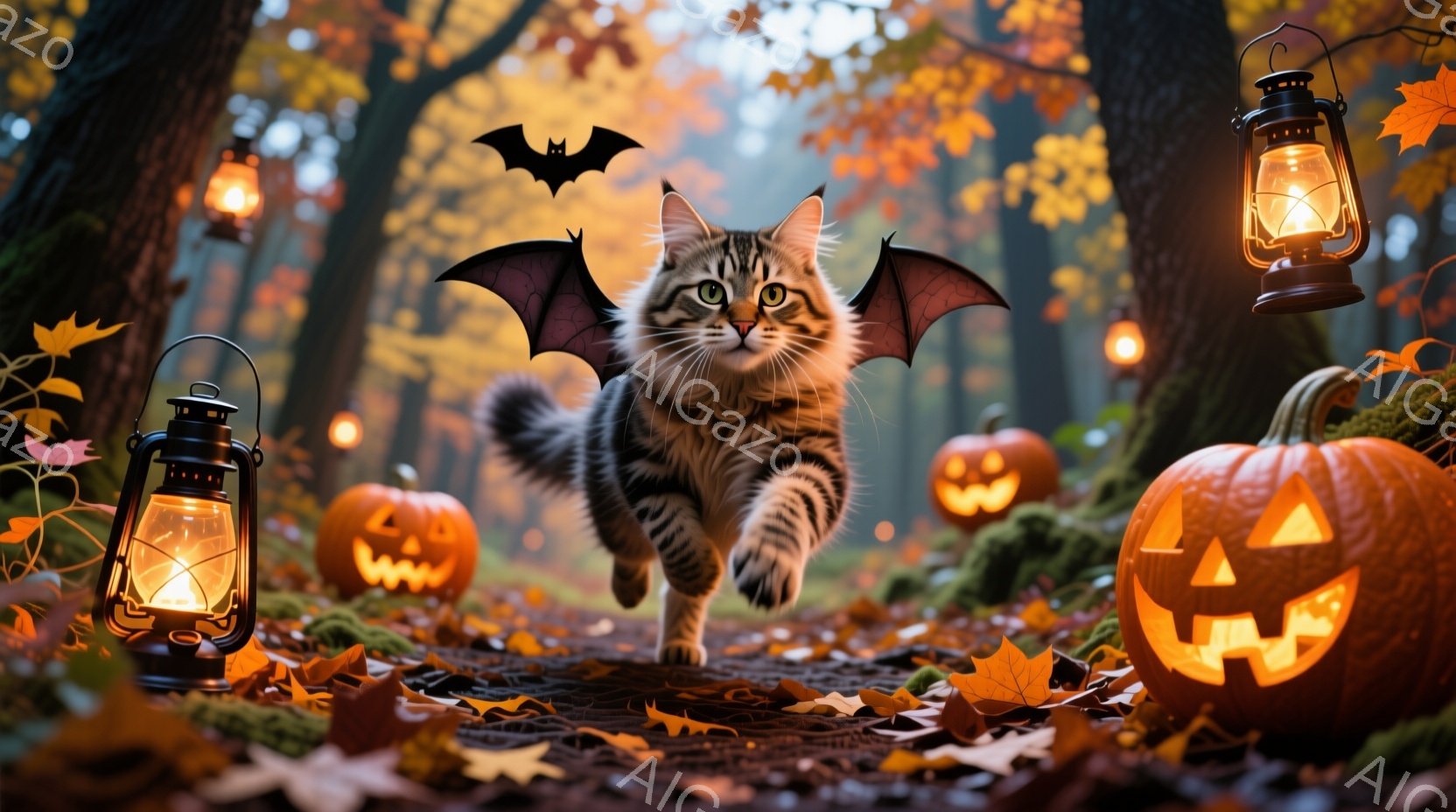 縞模様の猫が、まるで空を飛ぶコウモリのように、翼を広げて森の中を駆け抜けている。周囲には、不気味に光るジャック・オ・ランタンや、落ち葉で覆われた森の床が広がり、ハロウィーンの夜の神秘的な雰囲気を醸し出している。背景には、暗い木々とぼんやりとした光がぼやけており、全体の印象は幻想的で少し不気味である。