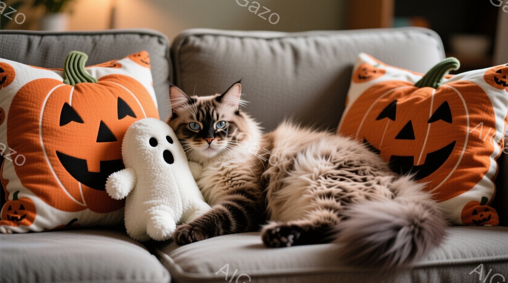 長い毛並みの灰色の猫が、ハロウィーンのテーマのオレンジ色のカボチャ柄のクッションに囲まれてソファに横たわっています。猫はリラックスした様子で、白い幽霊のぬいぐるみに寄り添い、穏やかな表情でカメラを見つ - AI生成フリー素材