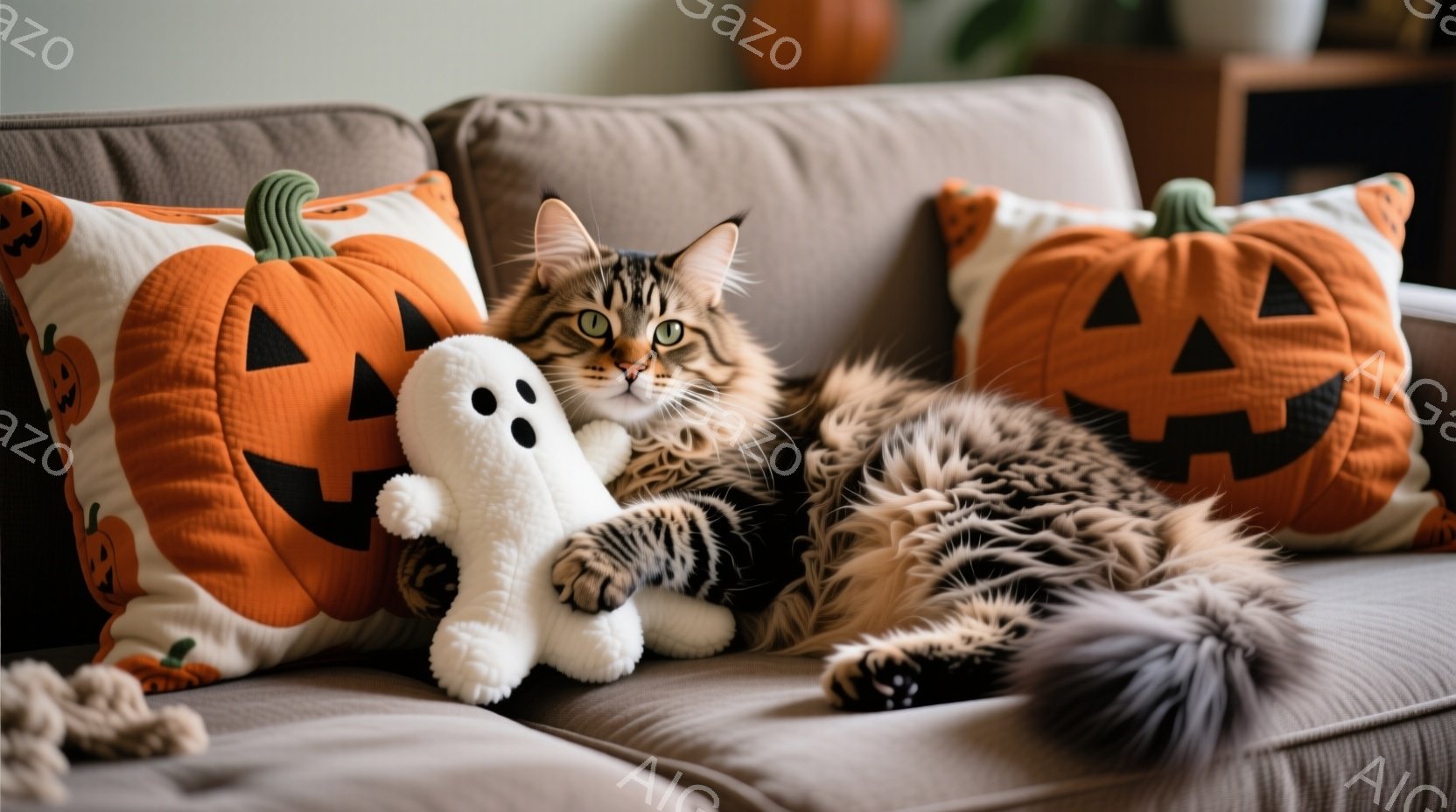 長毛の縞模様の猫が、ハロウィーン風のパンプキン柄クッションに寄りかかってリラックスしています。猫は片足をクッションの上で伸ばし、白いお化けのぬいぐるみに興味津々で、穏やかな表情をしています。背景はベー - AI生成フリー素材