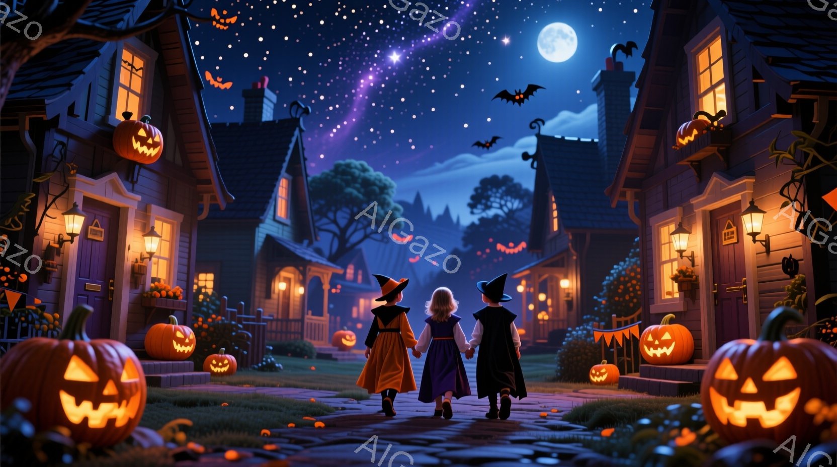 ハロウィーンの夜に、魔女の帽子をかぶった二人の子供が、明るく照らされた通りを歩いている様子が描かれています。子供たちは背中を向けており、楽しそうな雰囲気が伝わってきます。背景には、カボチャのランタンや - AI生成フリー素材