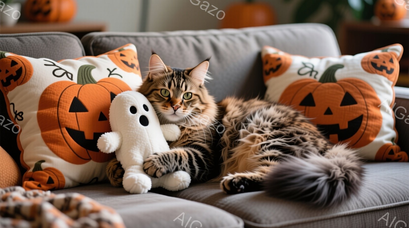 長毛の猫が、ハロウィーン柄のクッションに囲まれた灰色のソファでくつろいでいます。猫は片足を前に出し、白いゴーストのぬいぐるみを抱きかかえ、リラックスした表情でカメラを見ています。背景には、ハロウィーンの飾りであるカボチャがぼんやりと見え、秋らしい温かく穏やかな雰囲気が漂っています。
