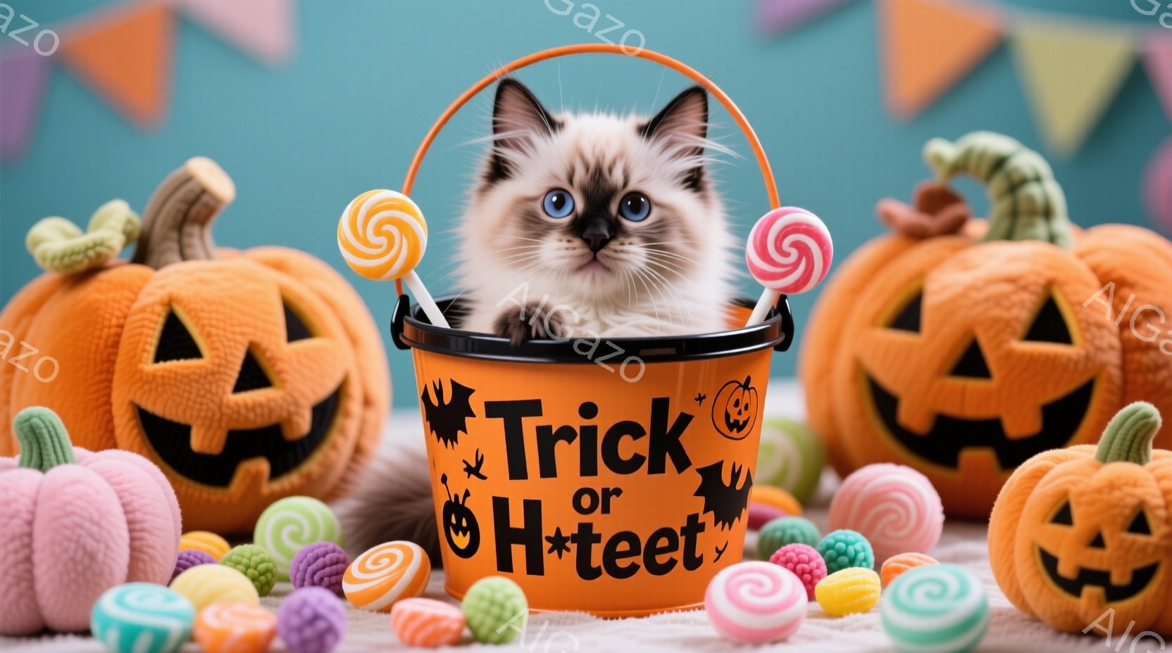 オレンジ色の背景に、ハロウィーンの装飾が散りばめられています。カボチャのランタンとキャンディーに囲まれ、オレンジ色の「Trick or Treat」と書かれたバケツの中に、美しいブルーの瞳を持つ子猫がちょこんと座っています。全体的に可愛らしく、お祭り気分を盛り上げるような、温かみのある雰囲気です。