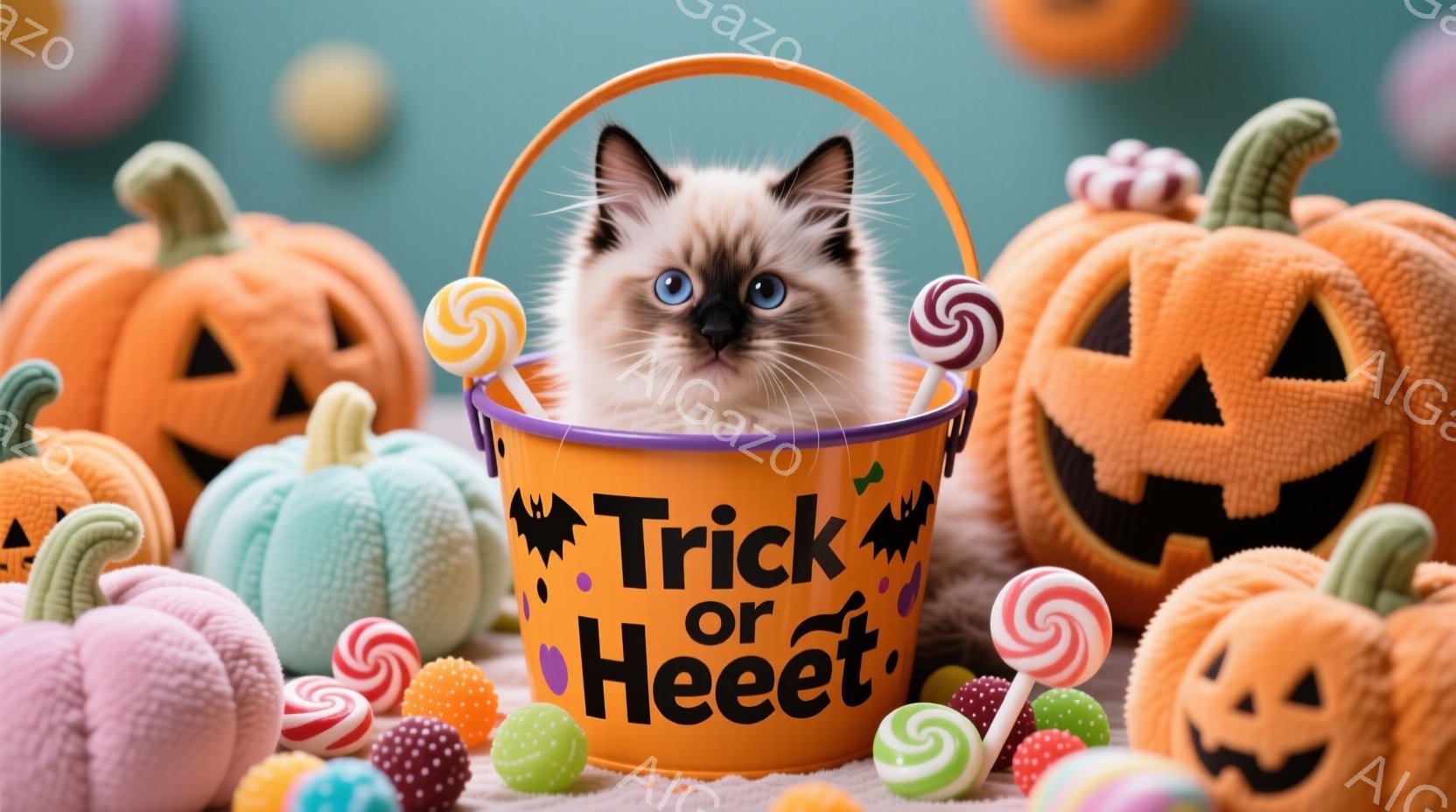 オレンジ色の「トリック・オア・トリート」と書かれたバケツの中に、ふわふわの灰色のキティが顔を出しています。キティは青い瞳でカメラを見つめ、可愛らしい表情をしています。背景には、さまざまな形のカラフルなハロウィーンのパンプキンやキャンディーが散りばめられ、お祭り気分を盛り上げています。