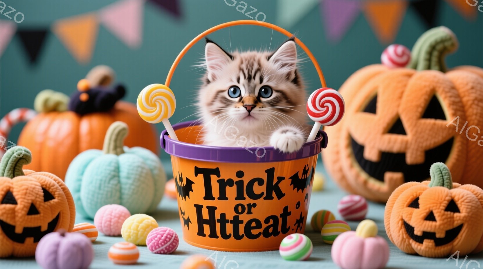 オレンジと紫色の「トリック・オア・トリート」と書かれたバケツの中に、子猫が可愛らしく顔を出しています。周りにはハロウィーンを象徴するようなオレンジ色のジャック・オ・ランタンやカラフルなキャンディが散りばめられており、全体的に明るくお祭り気分を表現しています。背景は水色で、ハロウィーンらしい飾り付けがされており、子猫の愛らしさが引き立っています。