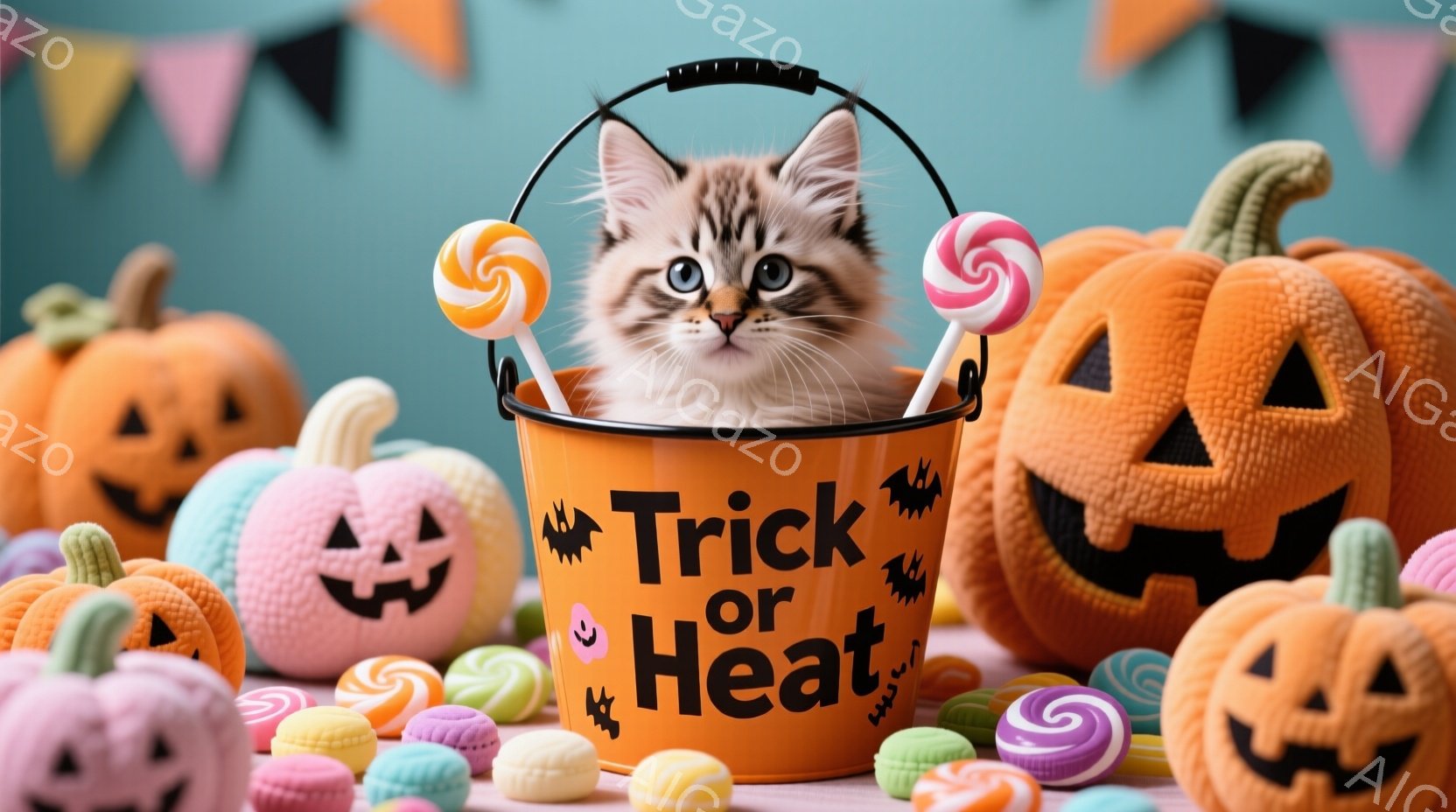 オレンジ色の「トリック・オア・トリート」と書かれたバケツの中に、縞模様の小さな子猫が座っています。周りには、オレンジとピンクのジャック・オー・ランタンの形をしたお菓子や、カラフルなキャンディーが散らばっており、ハロウィンの楽しい雰囲気を醸し出しています。背景は水色で、全体的に明るく、お祝いムード満点です。