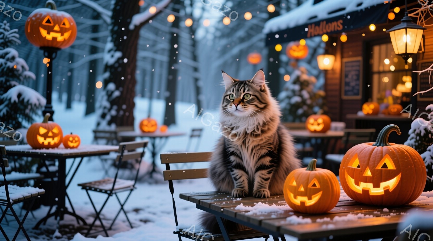 白い毛並みの大きな猫が、ハロウィーンの飾り付けがされたカフェのテーブルに座っています。背景にはオレンジ色に光る様々な大きさのジャック・オ・ランタンが並び、雪が舞う冬の夜の幻想的な雰囲気を醸し出していま - AI生成フリー素材