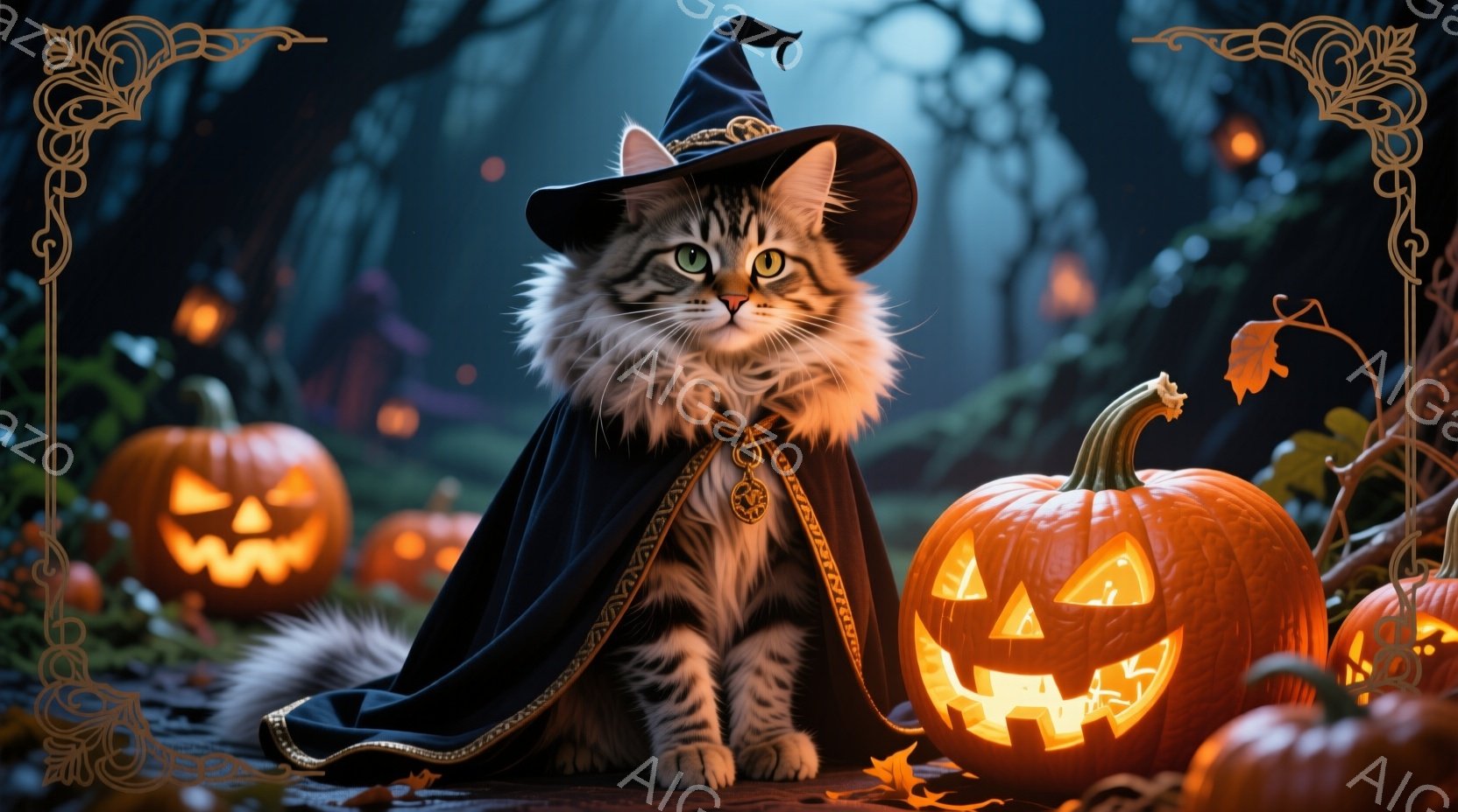 縞模様の猫が、黒いマントと先のとがった帽子を身につけて座っています。背景には、様々な大きさのジャック・オ・ランタンが並び、葉が散らばった暗い森が広がっています。全体的にハロウィーンの神秘的で幻想的な雰 - AI生成フリー素材